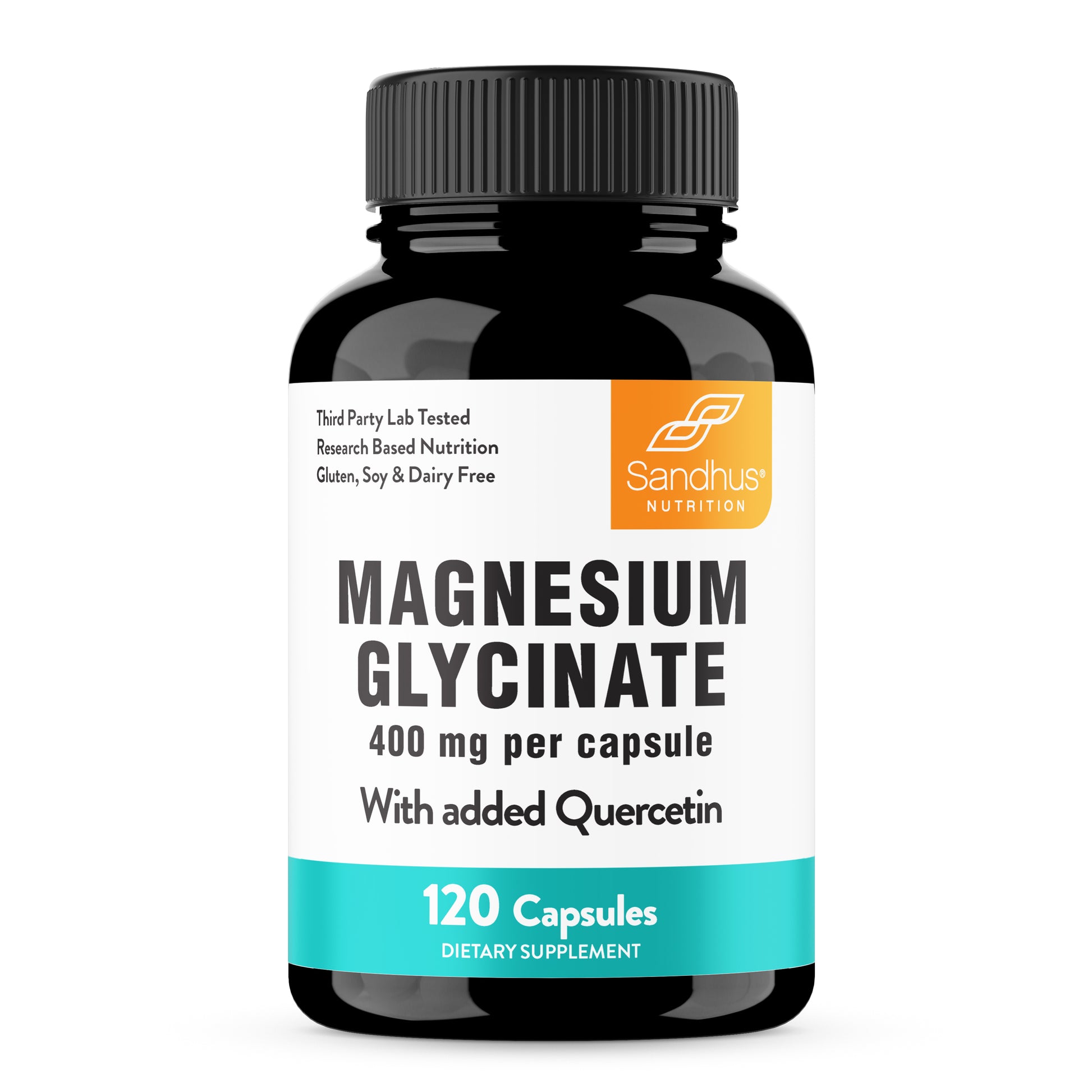 Sandhu Nutrition Magnesium Glycinate bottle with 400 mg per capsule and added quercetin.