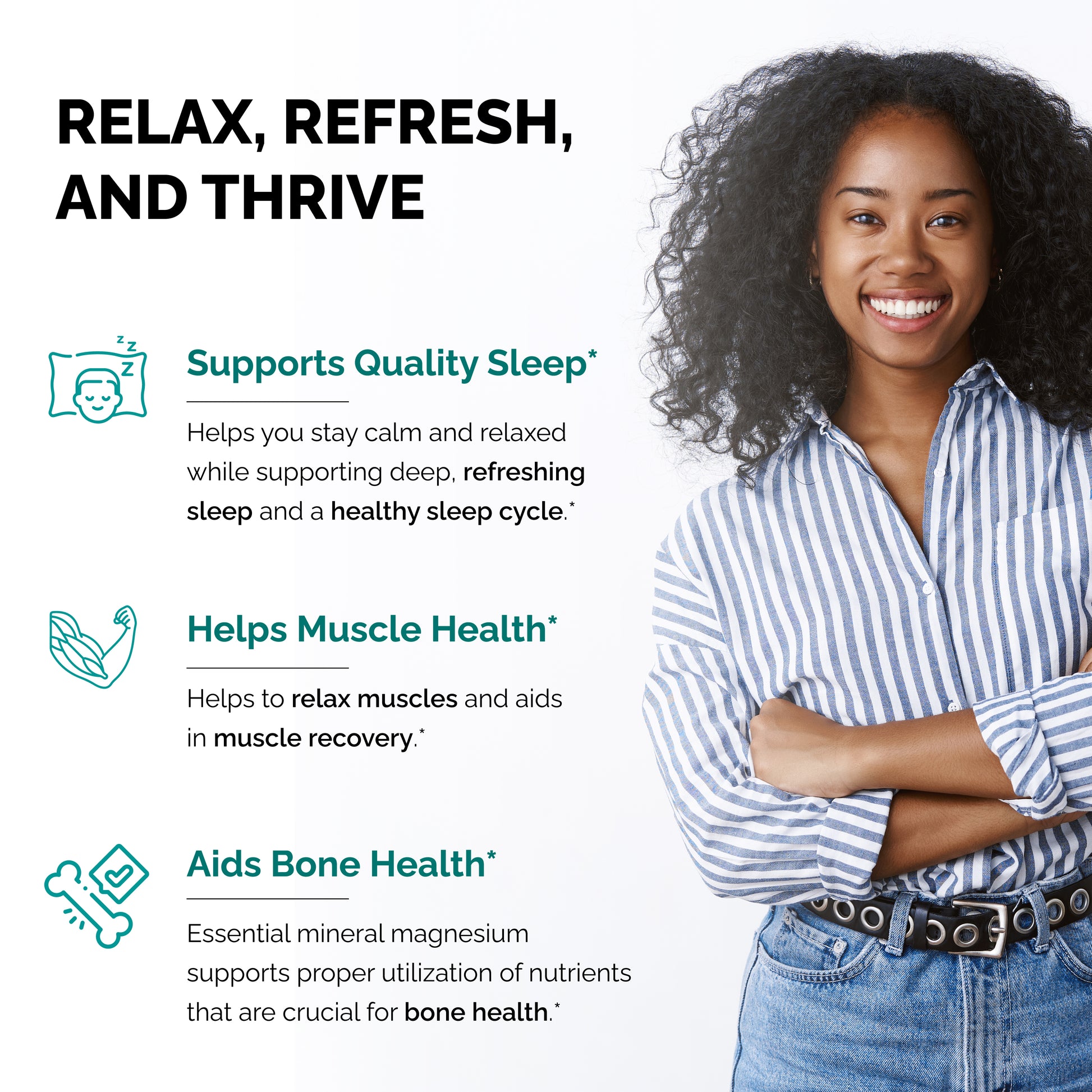 Smiling woman beside wellness icons highlighting benefits of magnesium for sleep, muscle, and bone health.