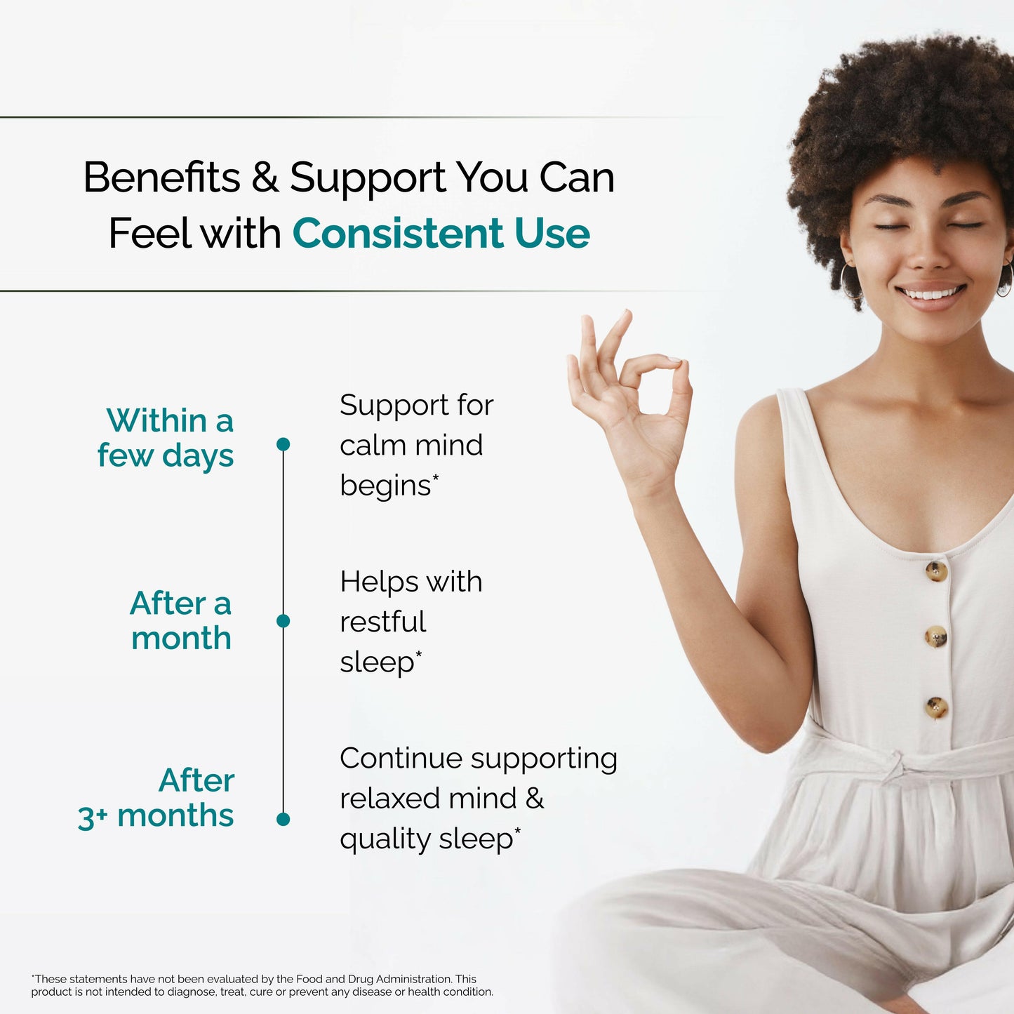 Smiling woman meditating indoors with supplement benefits timeline for calm mind, restful sleep, and relaxation support