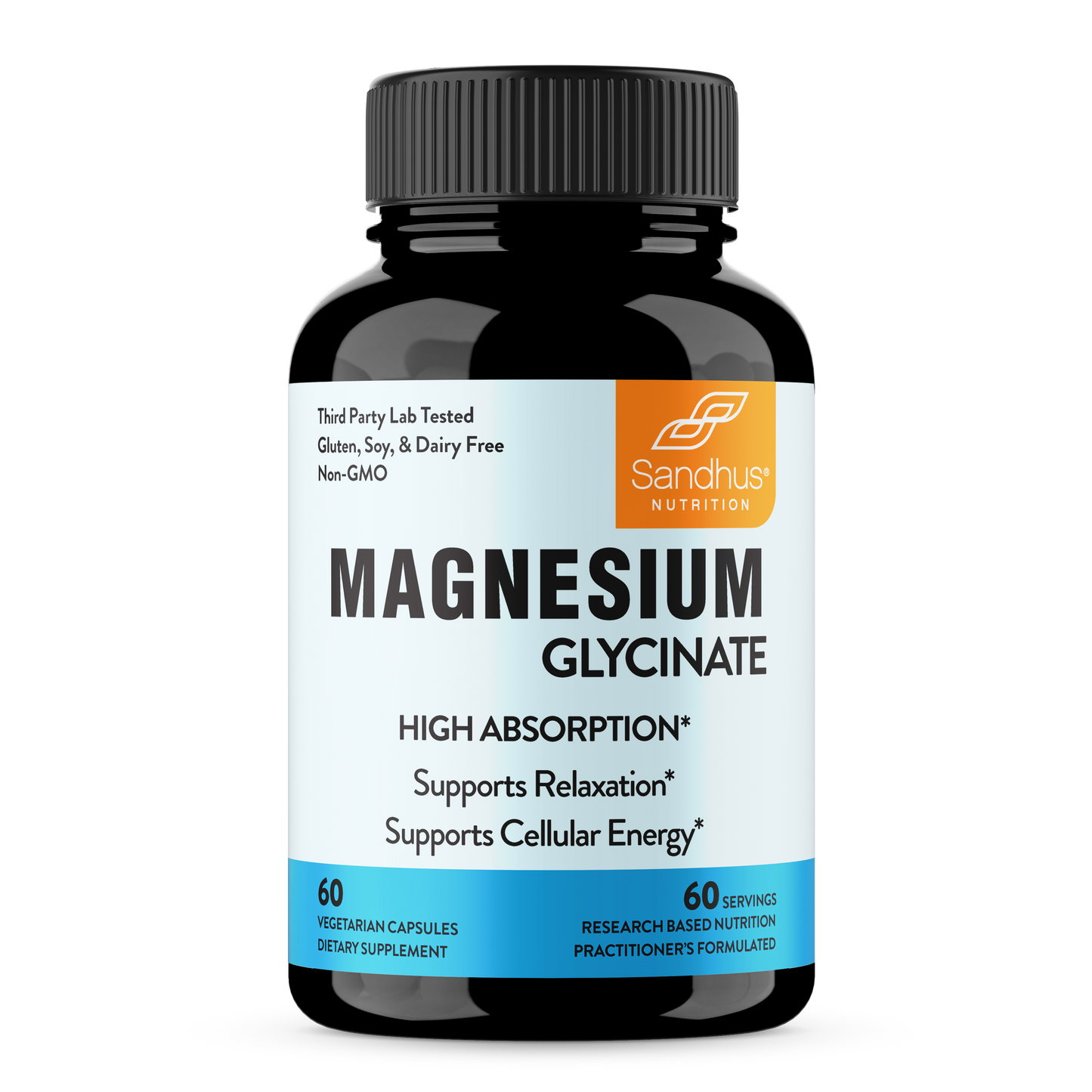 A bottle of Sundown Magnesium Glycinate capsules placed on a rock, with a bowl of capsules in front of it, against a blue background.