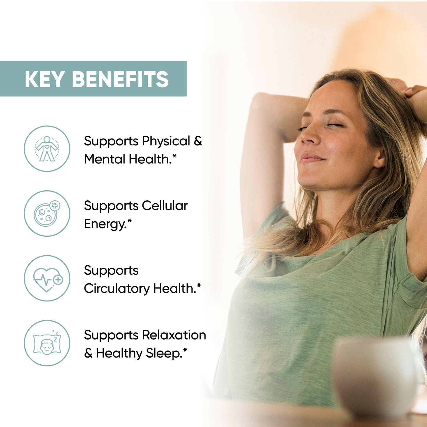Woman relaxing indoors with Sandhus Magnesium supplement benefits including physical health, circulation, cellular energy, and restful sleep.