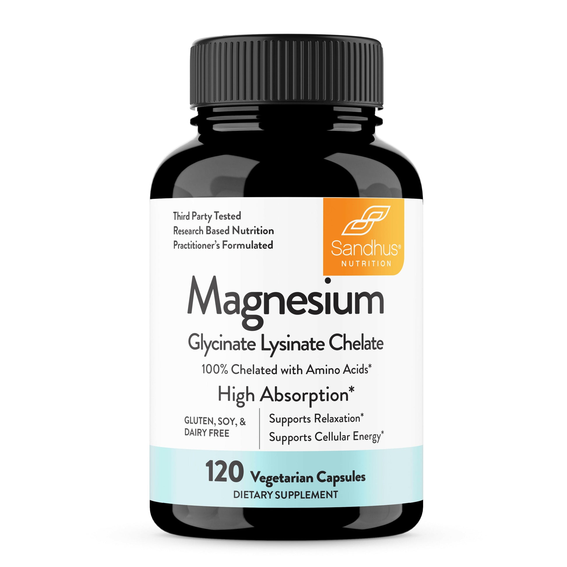 Supplement bottle labeled 'Magnesium Glycinate Lysinate Chelate' by Sandhus Nutrition on a white background