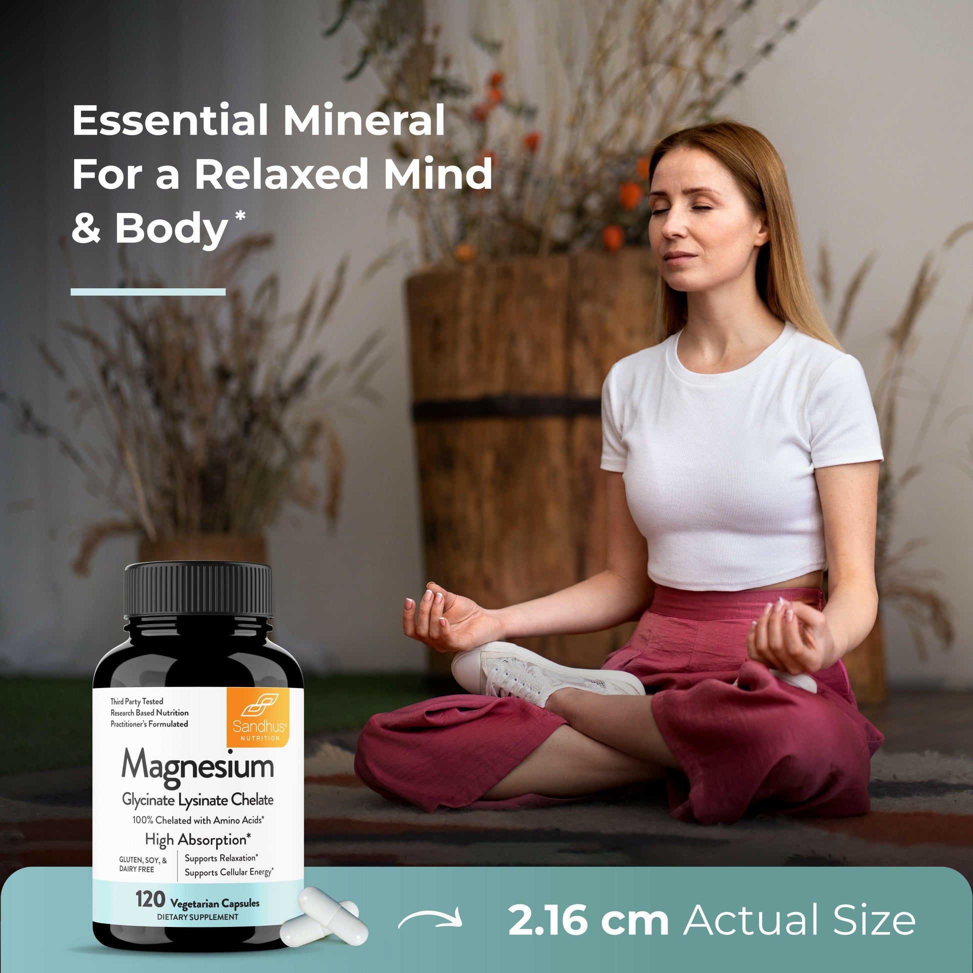 Magnesium Glycinate supplement with woman meditating, promoting relaxation for mind and body.