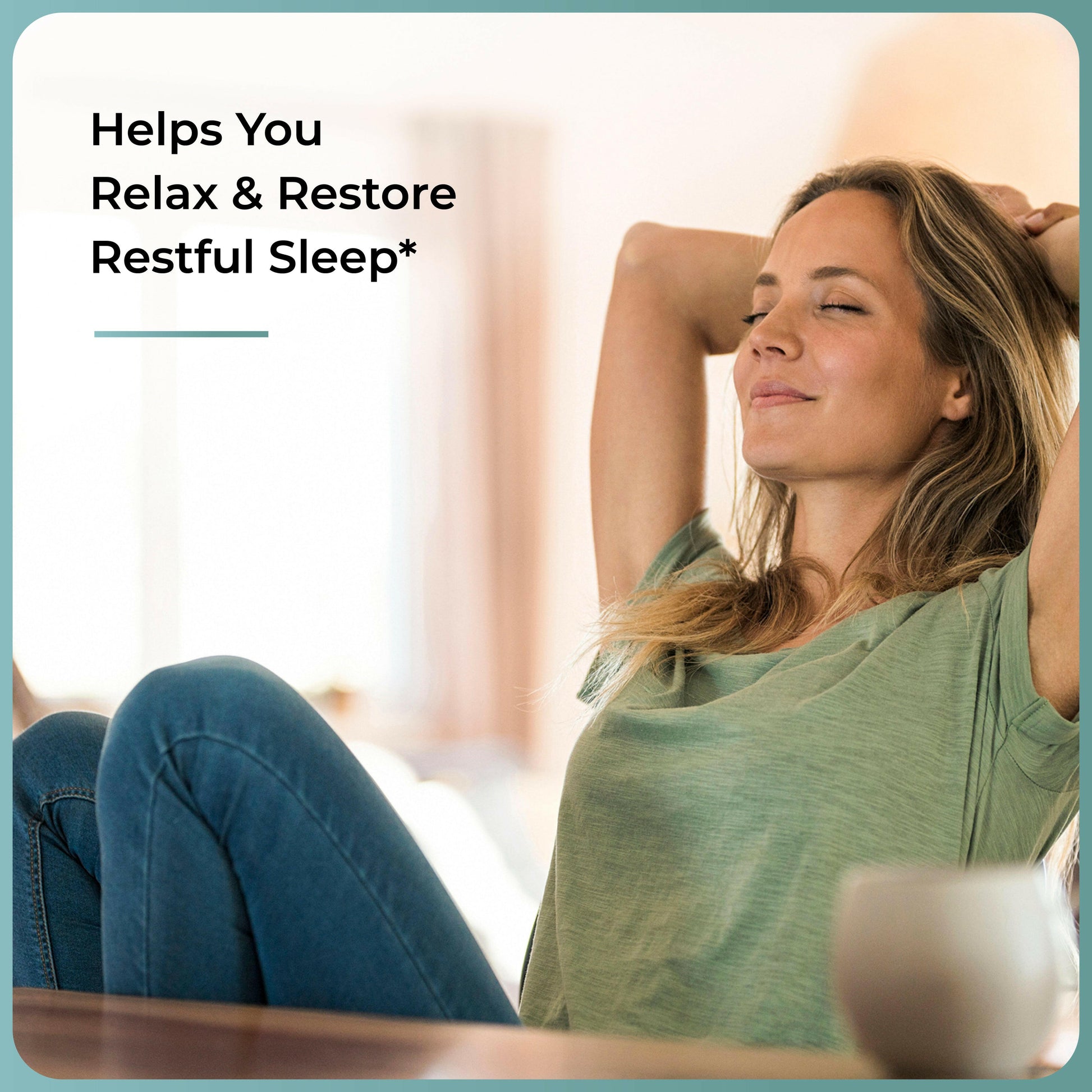 Woman relaxing with a cup of coffee, text about relaxation and restful sleep.
