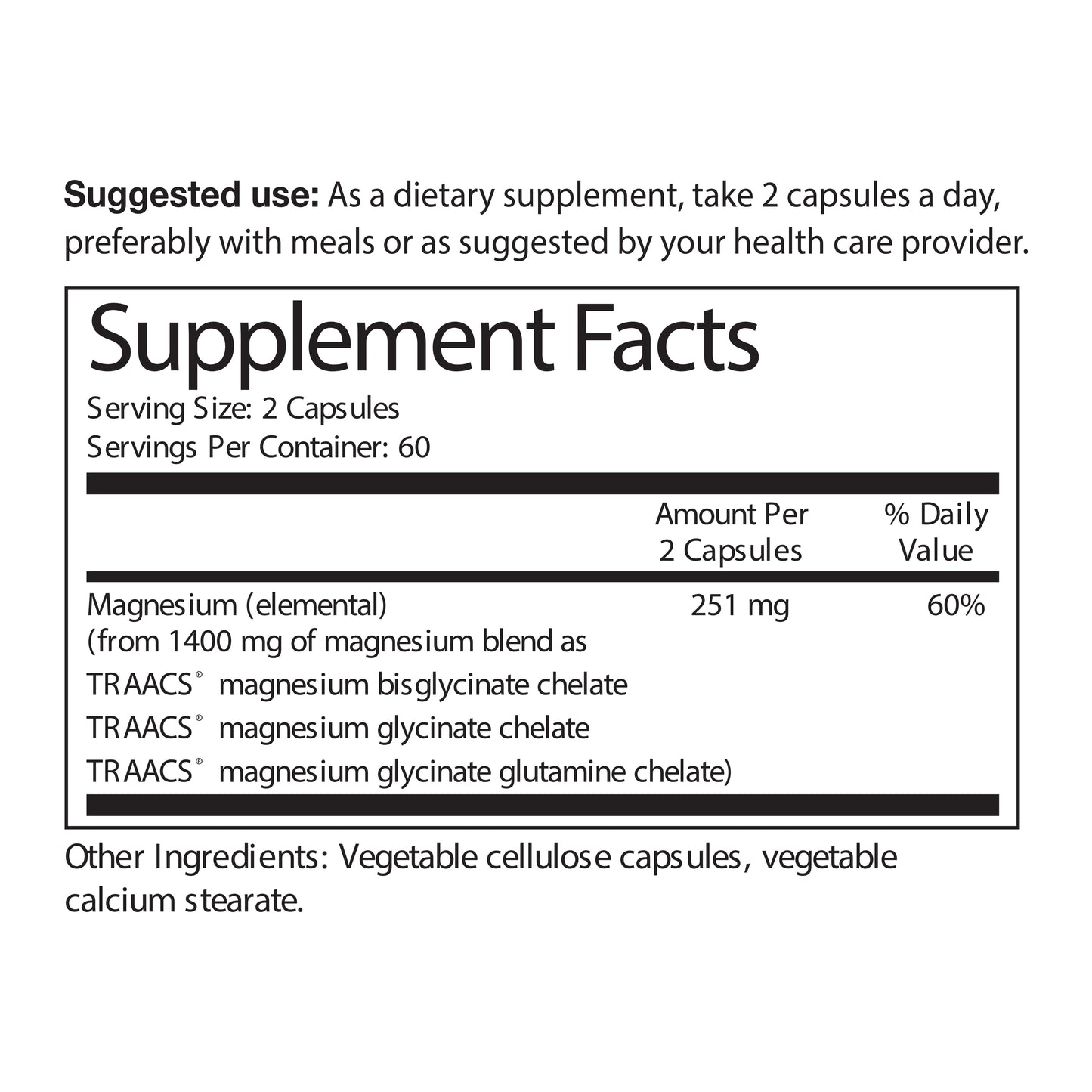 Supplement label with magnesium content and usage instructions on a white background