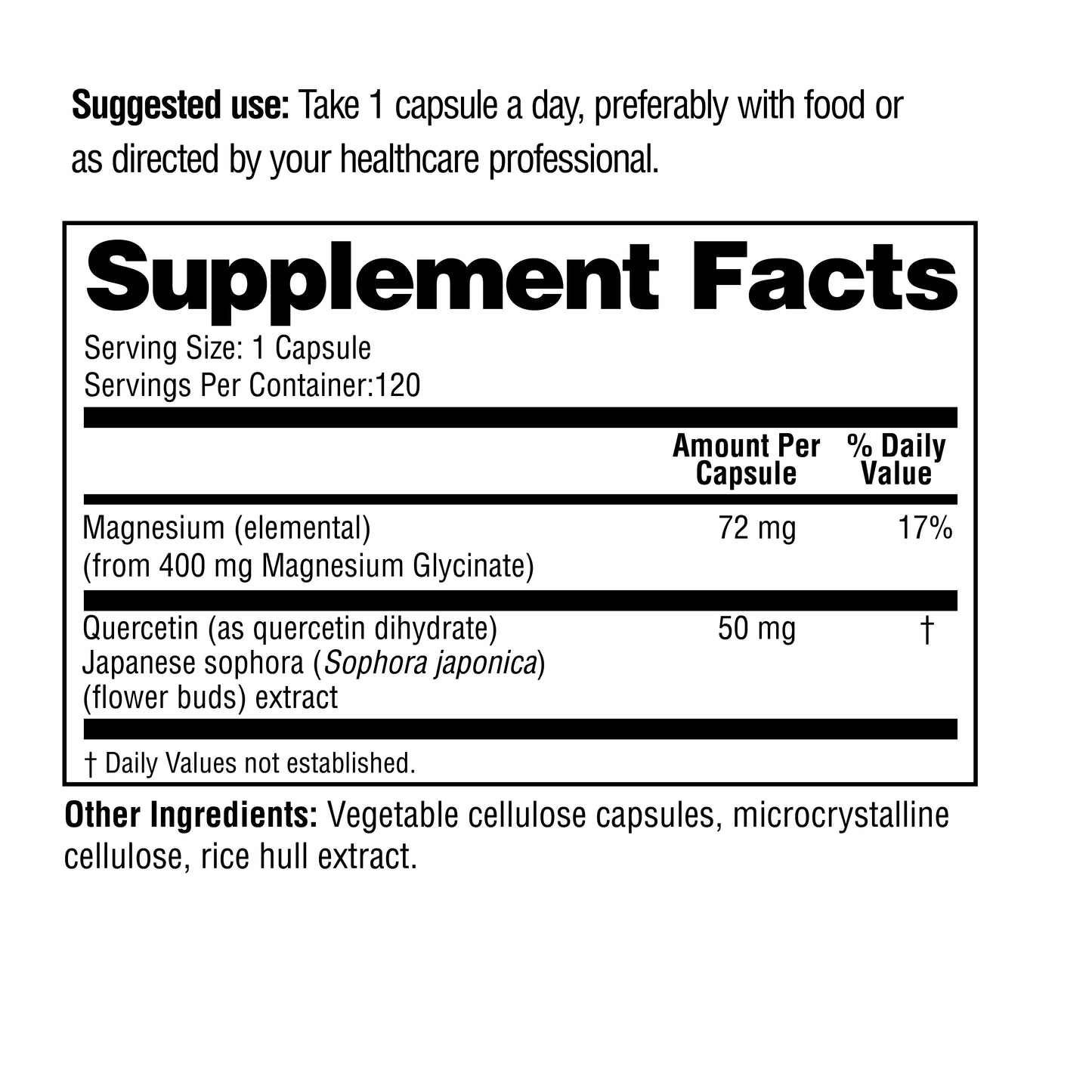 Supplement Facts label showing magnesium glycinate, quercetin, and other ingredients, serving size.
