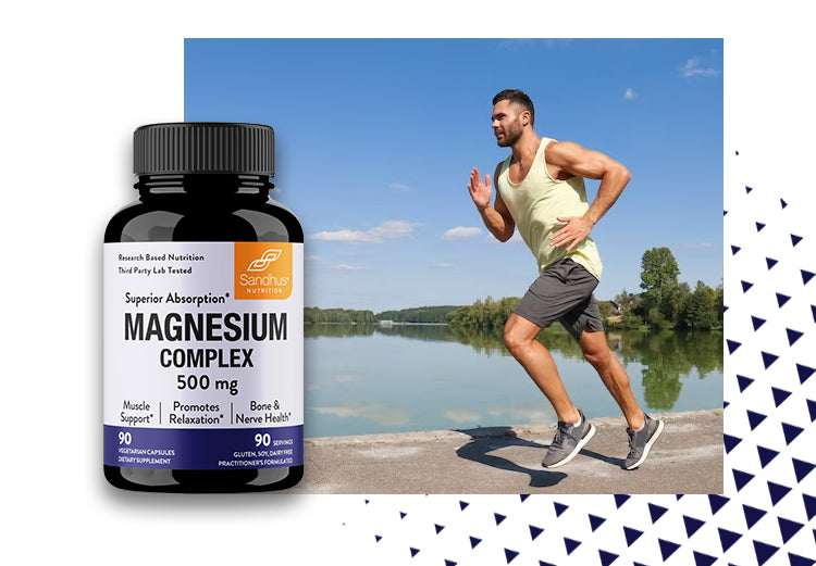 Man jogging outdoors by a lake with Sandhus Nutrition Magnesium Complex 500 mg supplement bottle promoting muscle, bone, and relaxation support.