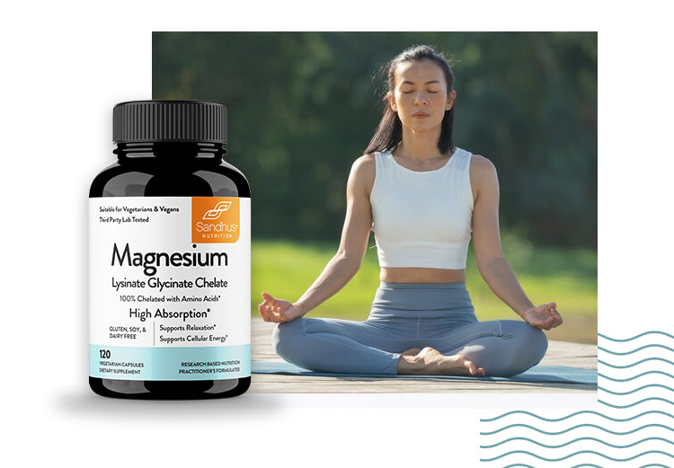 Woman meditating outdoors with Sandhus Magnesium supplement for relaxation, stress relief, and cellular energy support.