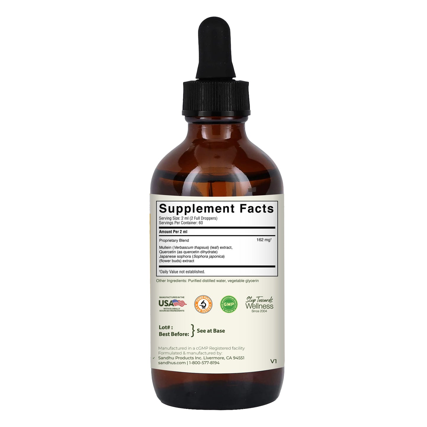 Brown glass bottle with dropper labeled 'Supplement Facts' on a white background