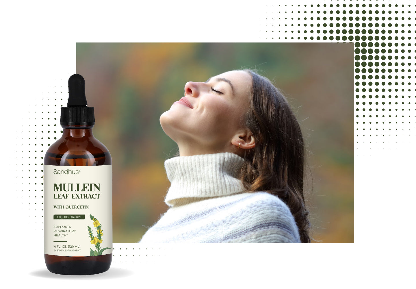 Bottle of Sandhu Mullein Leaf Extract with a blurred background of a woman outdoors.