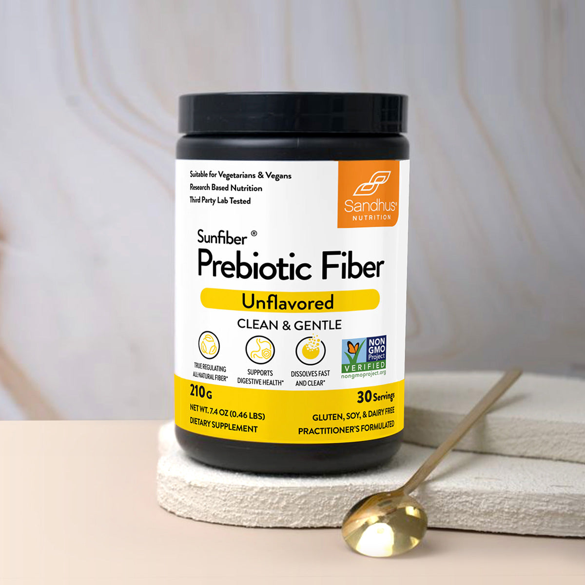 Sandhu’s Sunfiber Prebiotic Fiber (unflavored) supplement container, showing non-GMO, gluten/soy/dairy-free, 30 servings