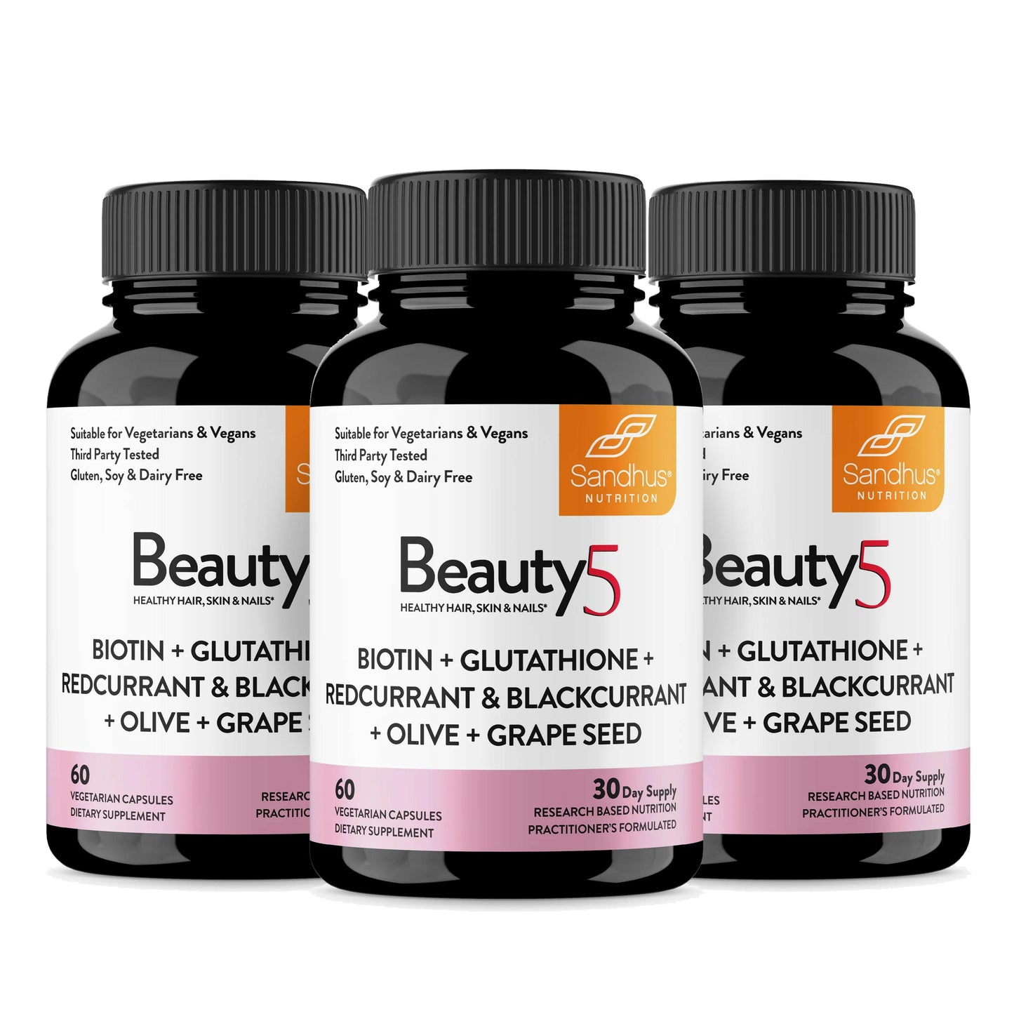 Three bottles of Beauty5 supplements on a white background