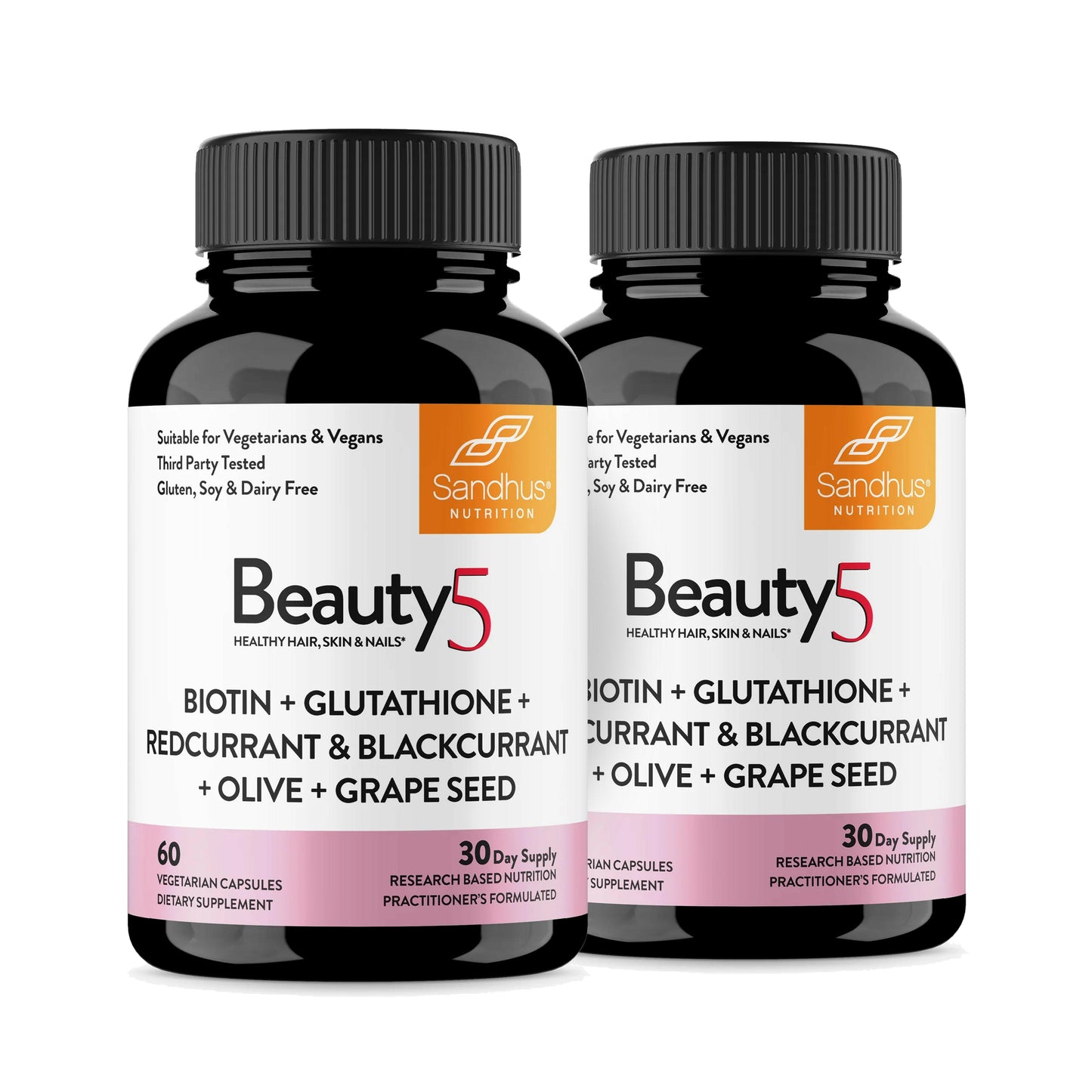 Two bottles of Beauty5 supplement with Sandhu Nutrition label on a white background