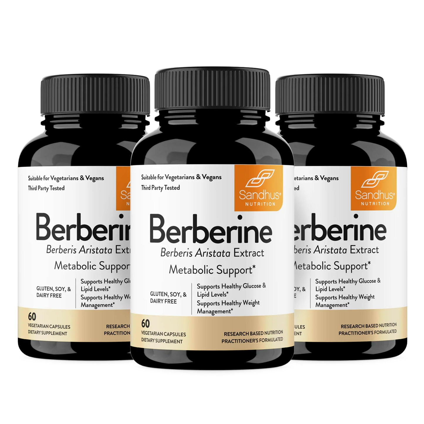 Three bottles of Sandhu Berberine supplement on a white background
