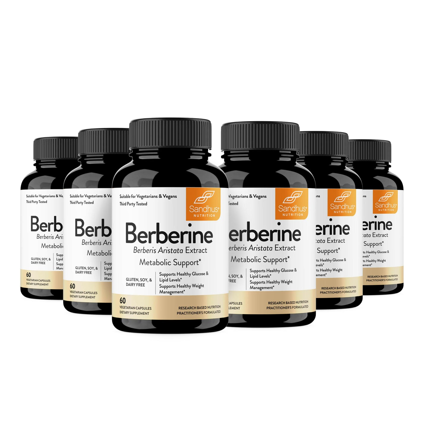 Multiple bottles of Sandhu Berberine supplement on a white background