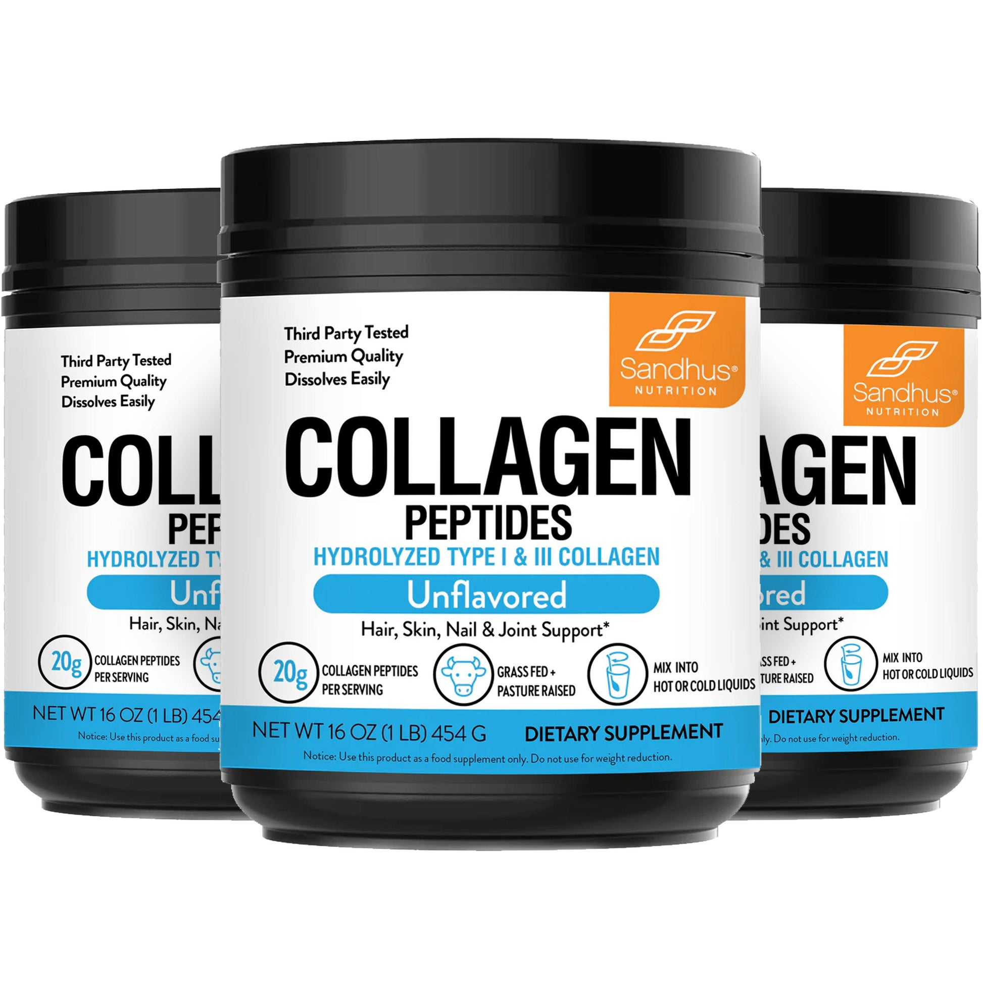 Three containers of Sandhус Collagen Peptides on a white background