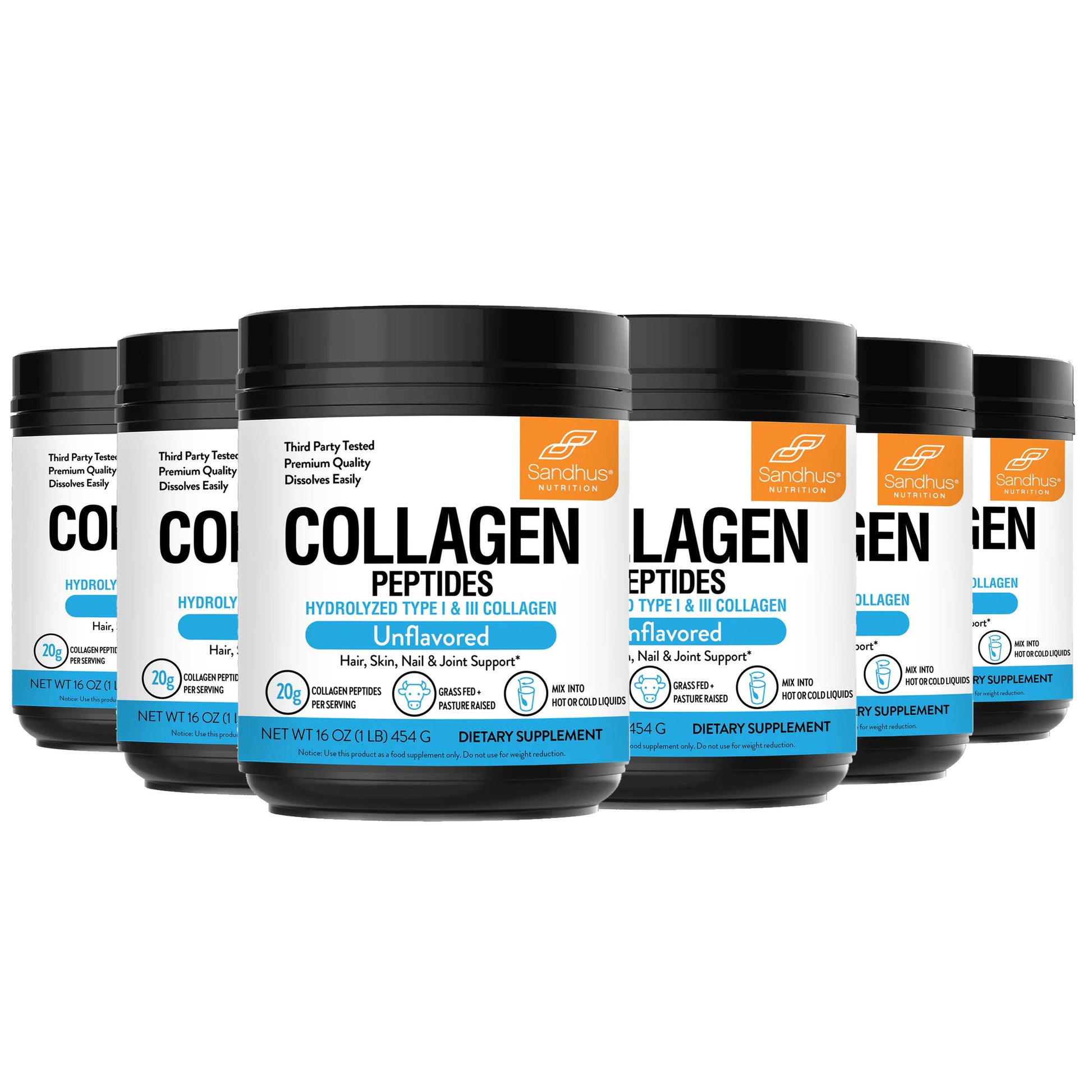Multiple containers of Sandhu Collagen Peptides on a white background