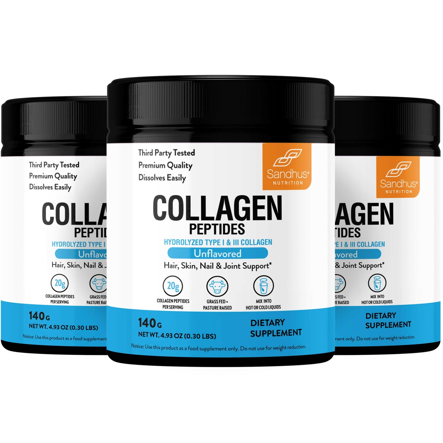 Three containers of Sandhu Naturals Collagen Peptides on a white background