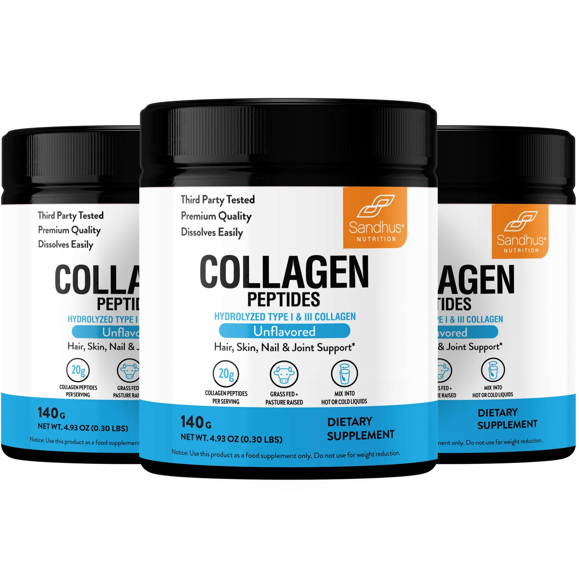 Three containers of Sandhu Naturals Collagen Peptides on a white background