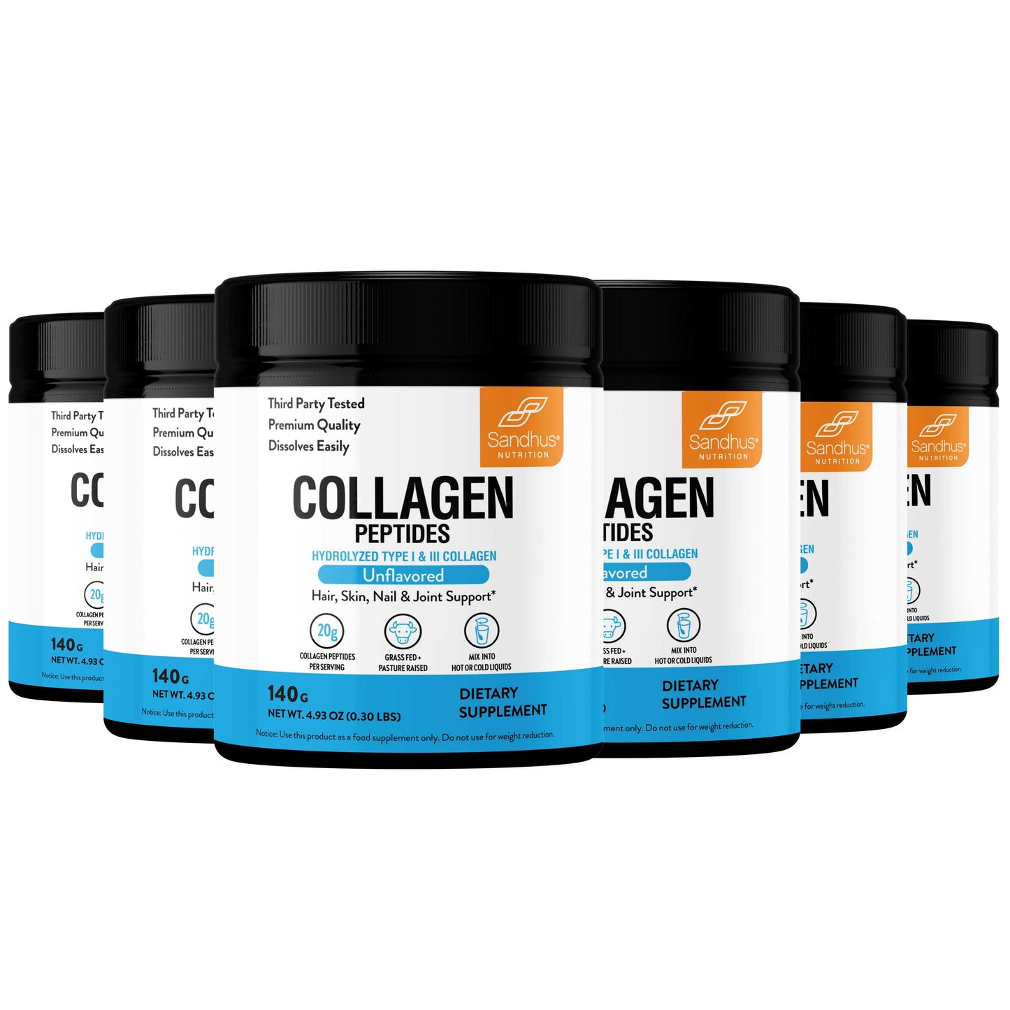Multiple containers of Sandhu Naturals Collagen Peptides on a white background