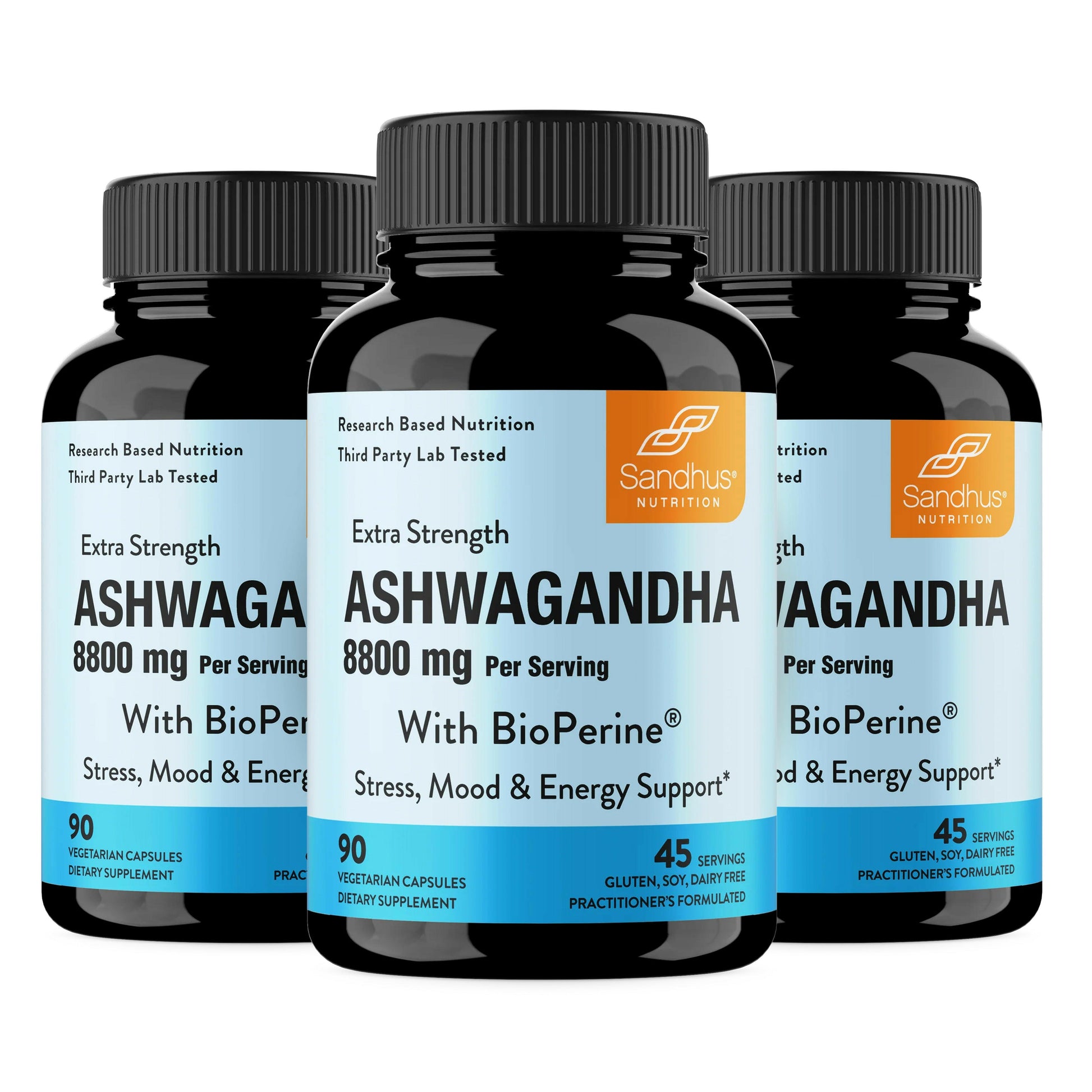 Three bottles of Sandhu Nutrition Extra Strength Ashwagandha supplement on a white background