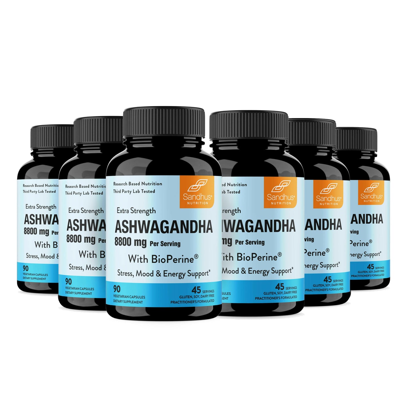 Multiple bottles of Sandhu Ashwagandha supplement on a white background