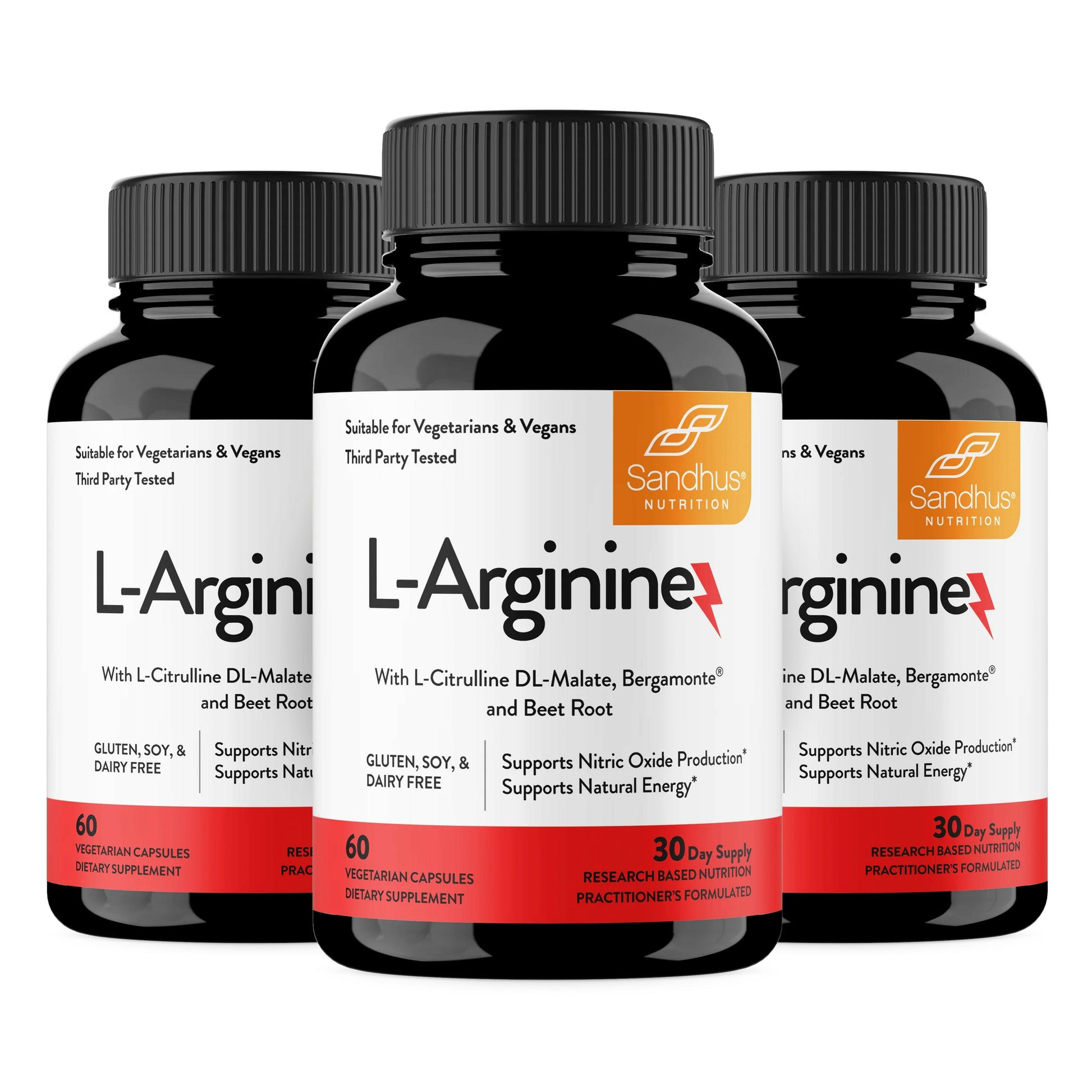 Three bottles of Sandhus L-Arginine supplement on a white background