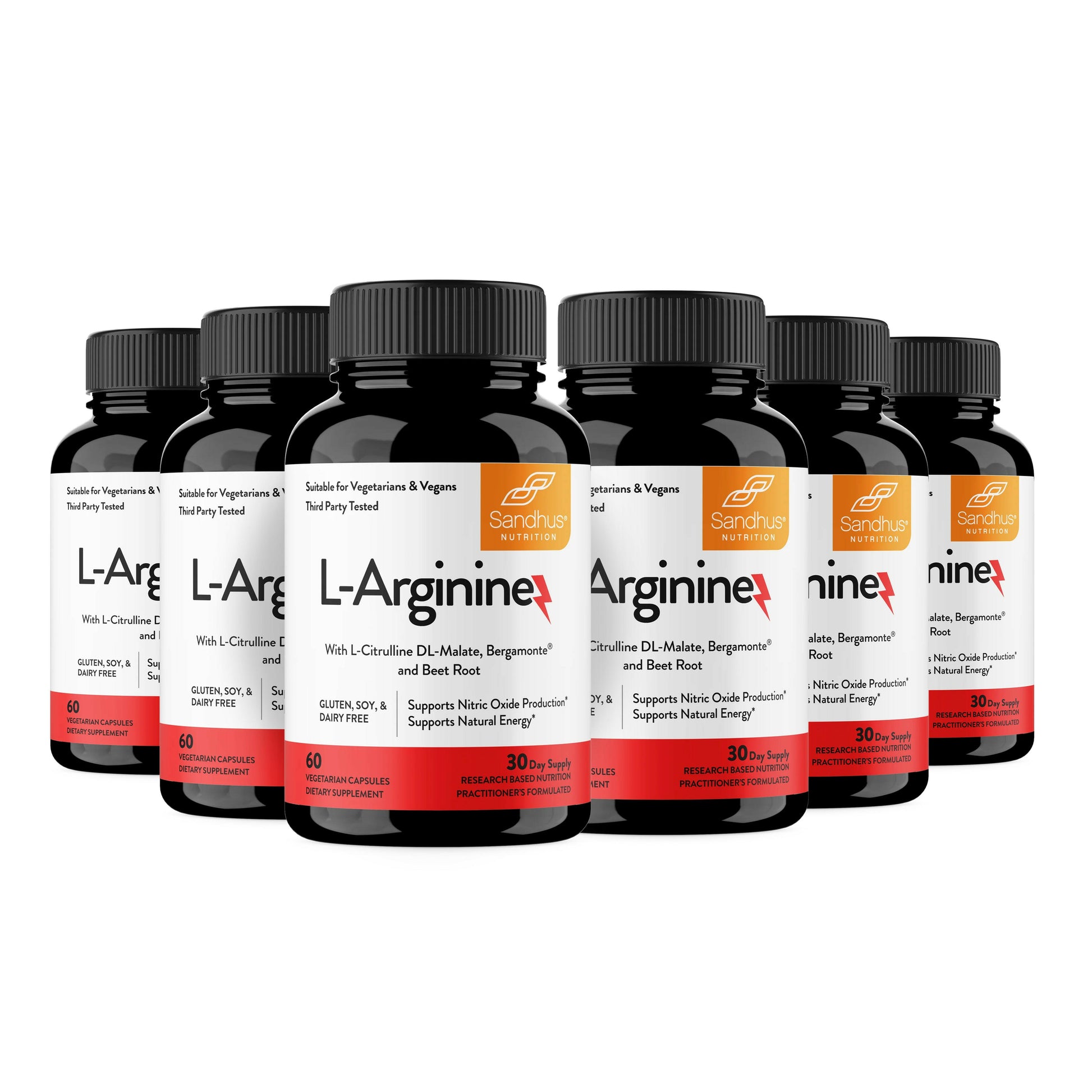 Multiple bottles of Sandhus L-Arginine supplements on a white background