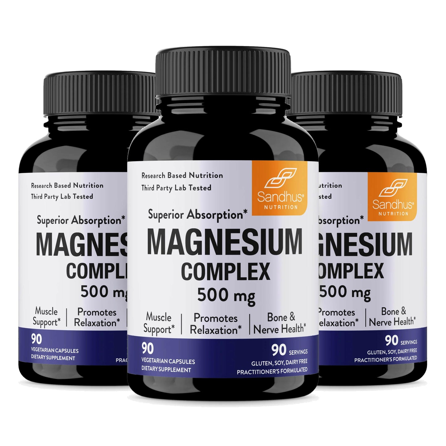 Three bottles of Sandhu Nutrition Magnesium Complex 500 mg on a white background