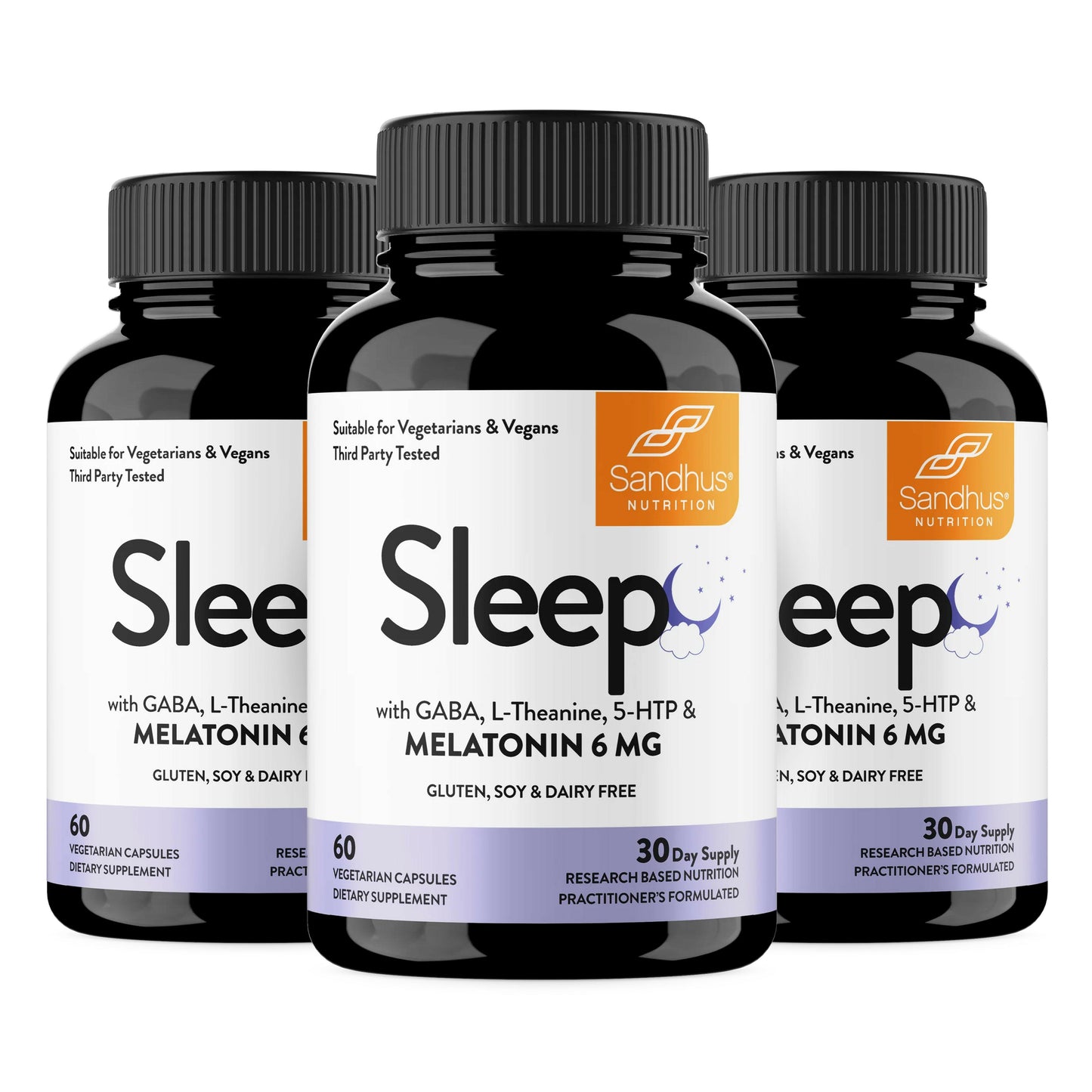 Three bottles of Sandhu Nutrition Sleep supplement on a white background