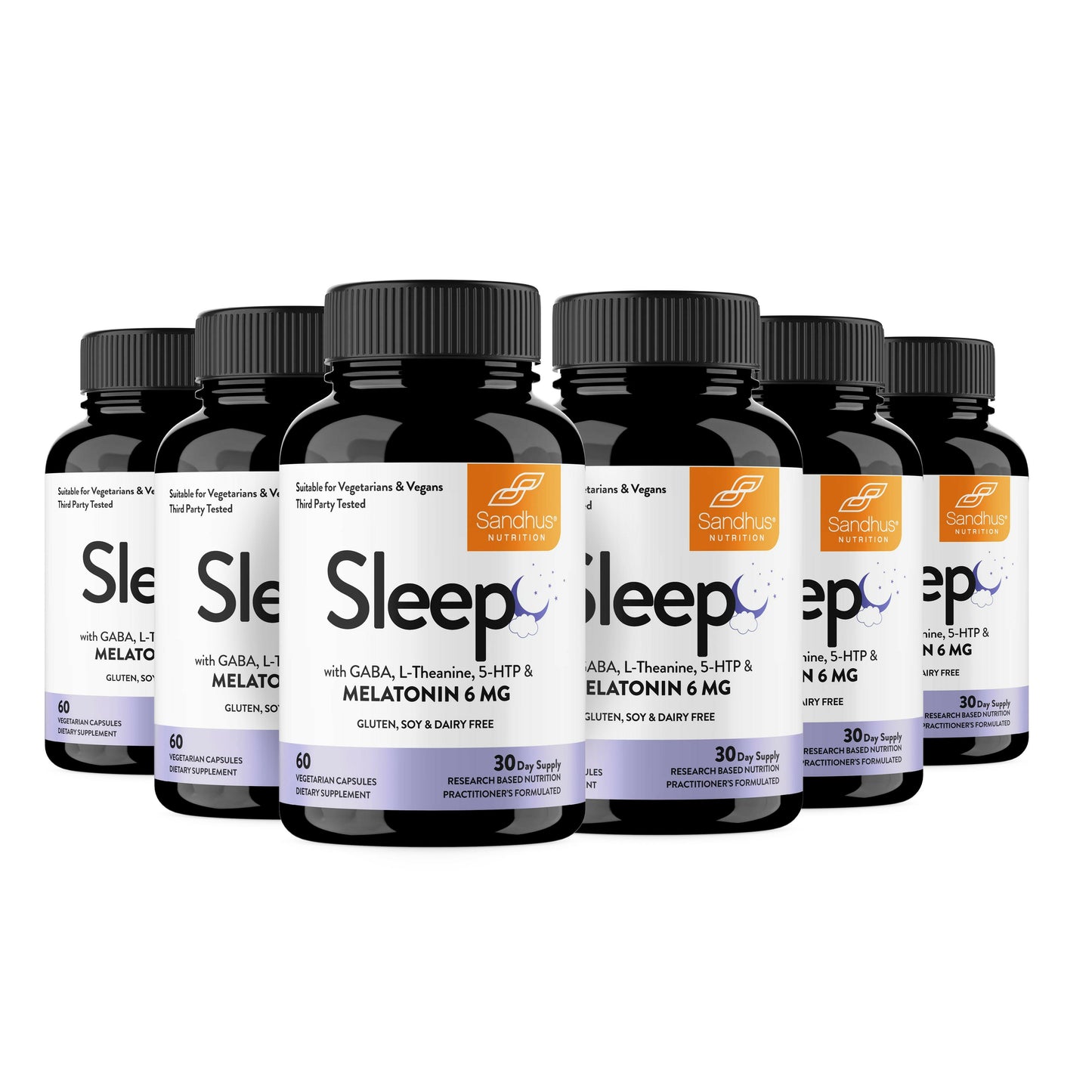 Multiple bottles of Sleep supplements on a white background