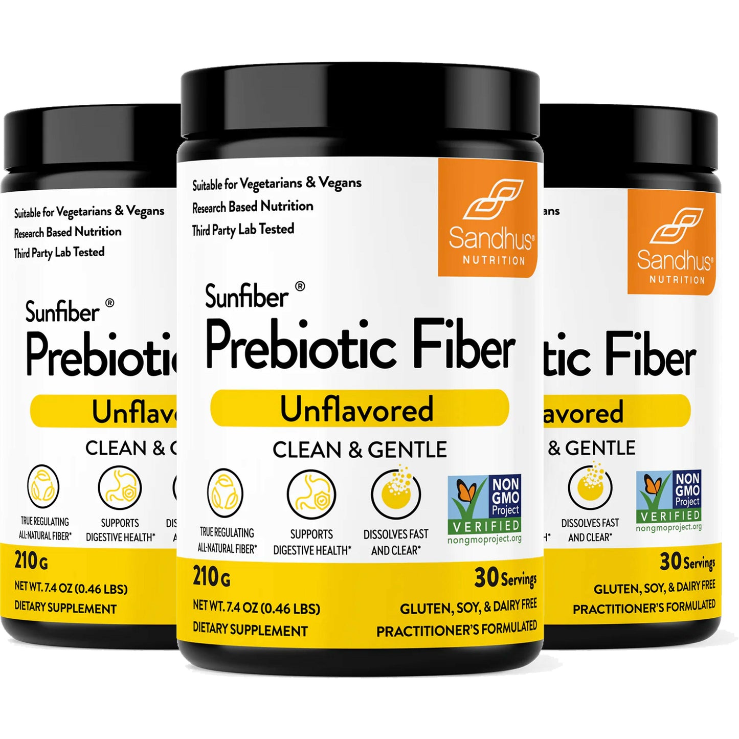 Three containers of Sunfiber Prebiotic Fiber on a white background