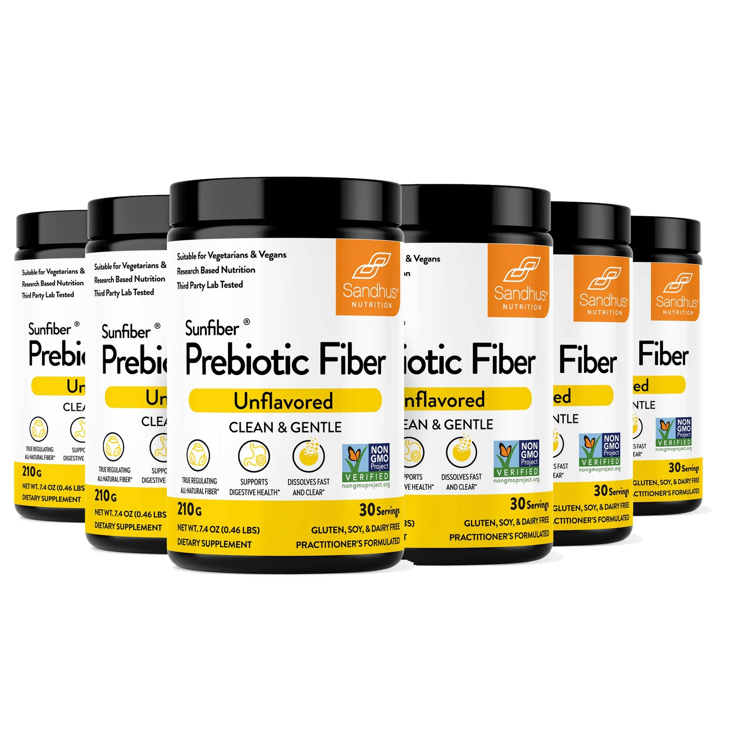 Multiple containers of Sunthar prebiotic fiber on a white background