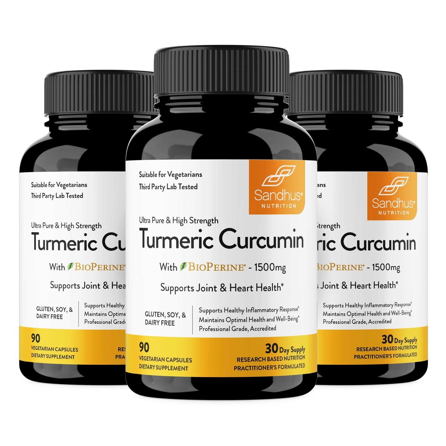 Three bottles of Sandhu Nutrition Turmeric Curcumin supplement on a white background