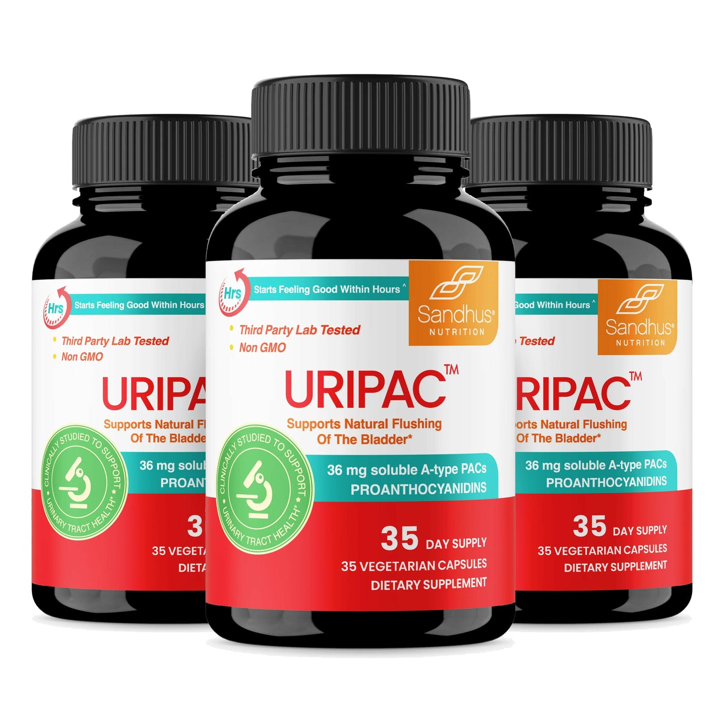 Three bottles of URIPAC and RIPAC dietary supplements on a white background