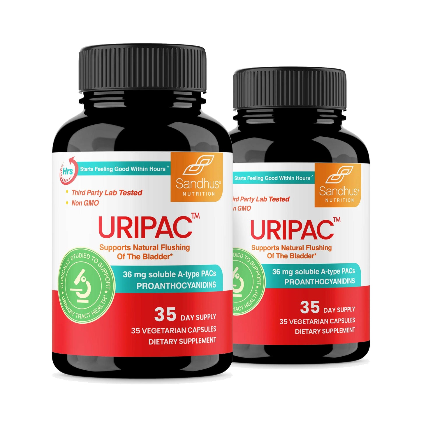 Two bottles of Sandhu URIPAC dietary supplements on a white background