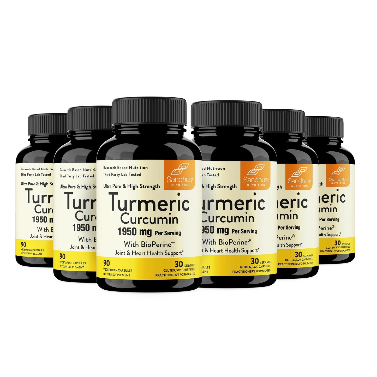 Multiple bottles of Sandhu Turmeric Curcumin supplement on a white background
