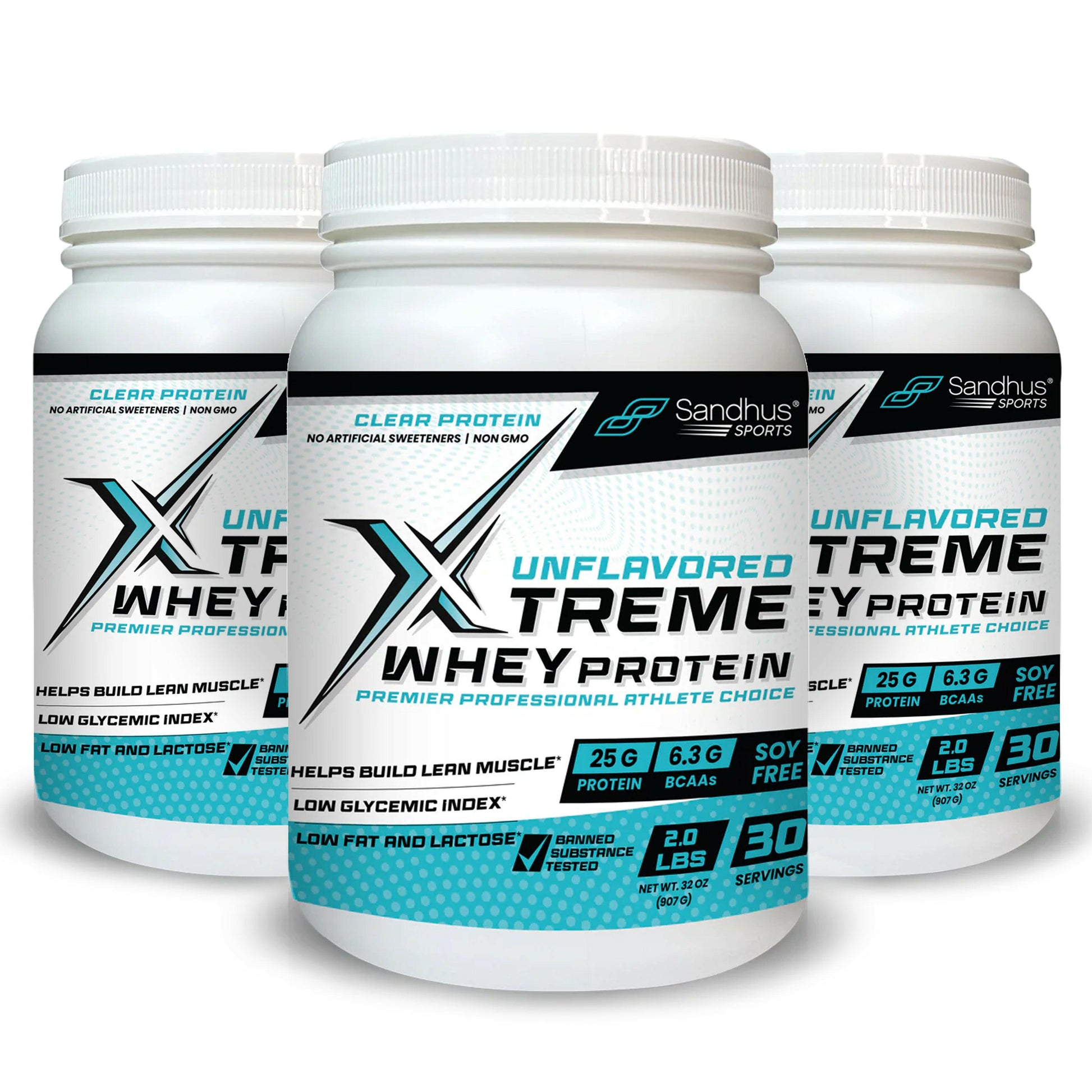 Three containers of Xtreme Whey Protein on a white background