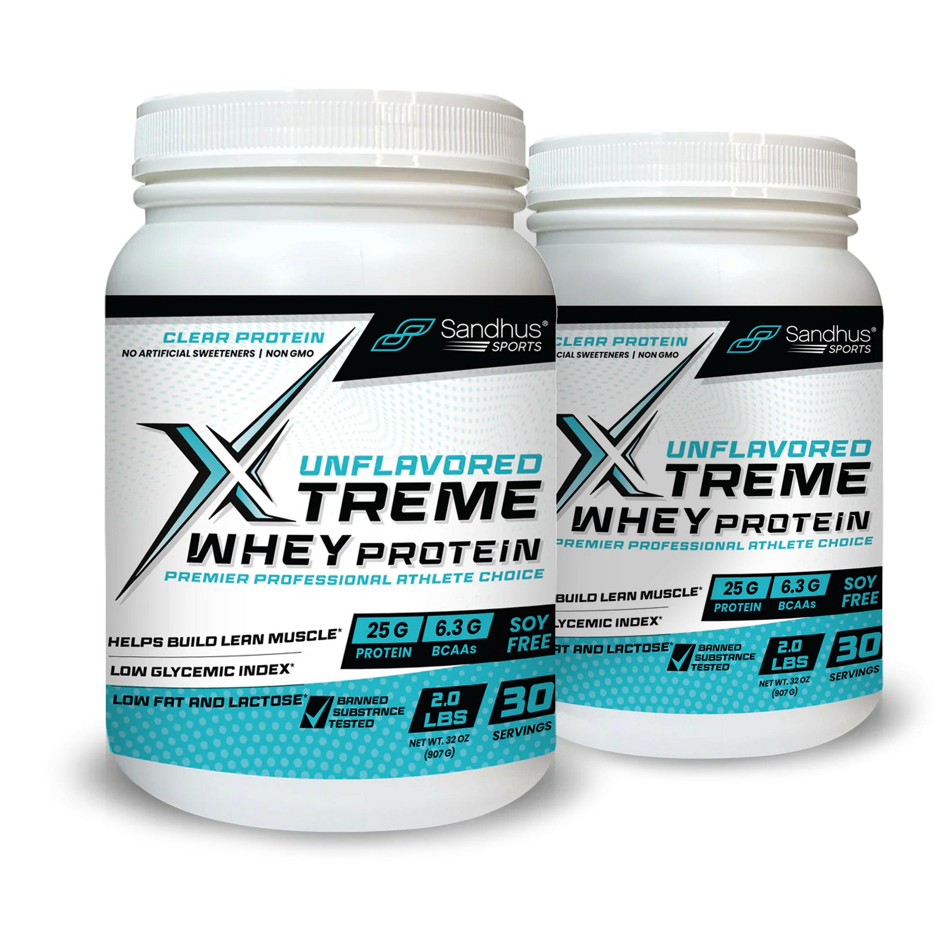 Two containers of Xtreme Whey Protein on a white background