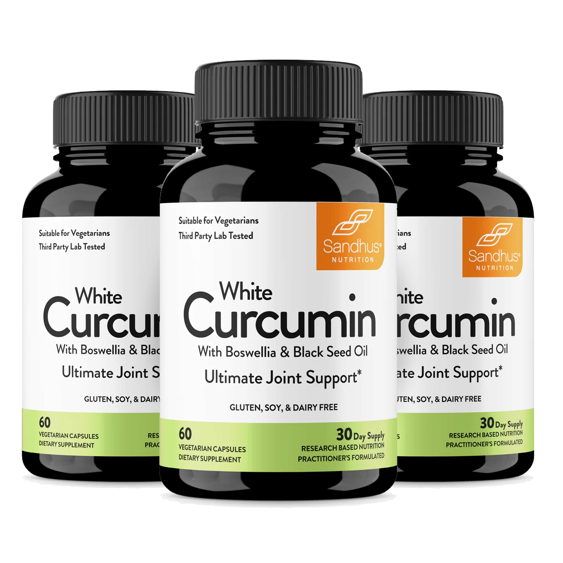 Three bottles of Sandhu Nutrition White Curcumin supplement on a white background