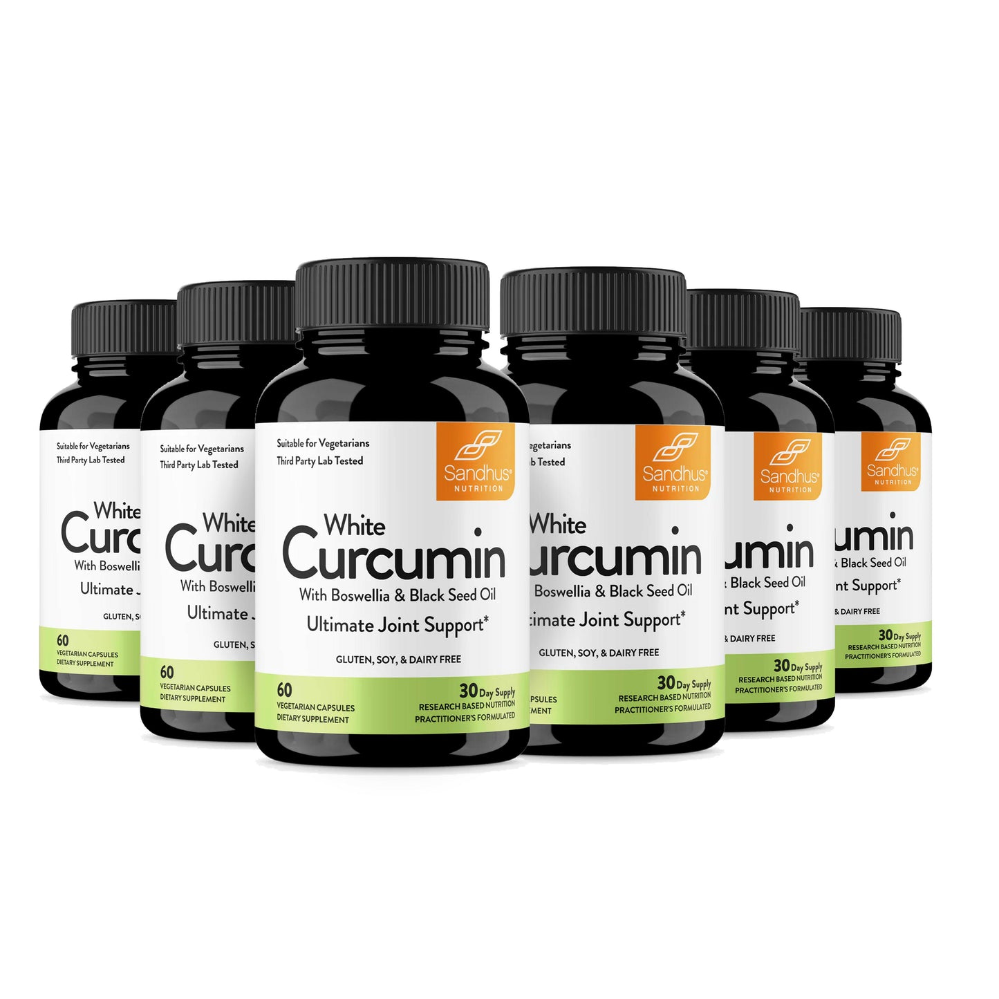 Multiple bottles of White Curcumin supplement on a white background