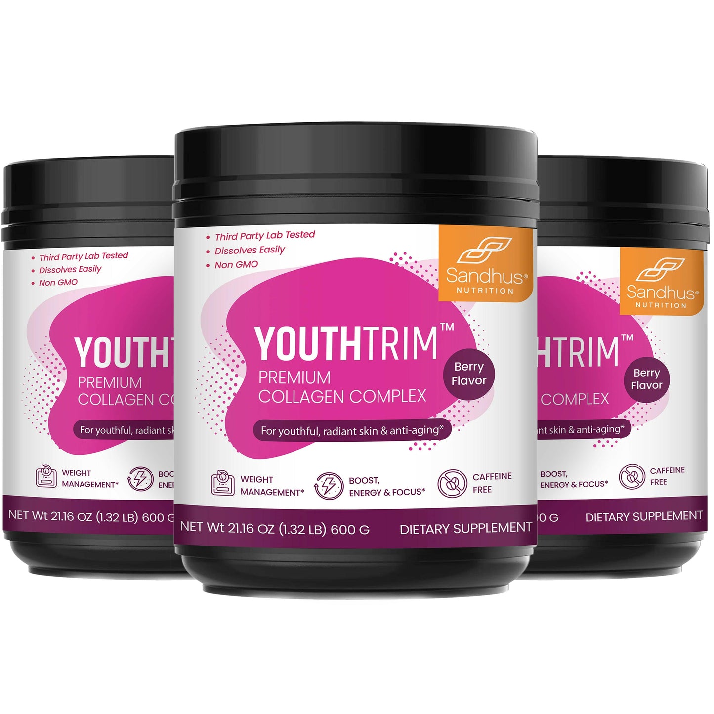 Three containers of Youthtrim Premium Collagen Complex on a white background