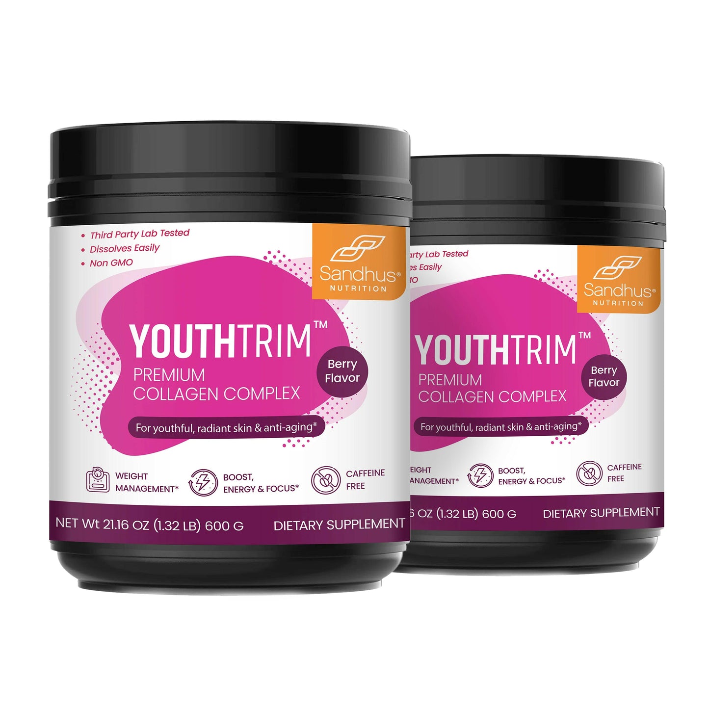 Two containers of Youthtrim Premium Collagen Complex on a white background