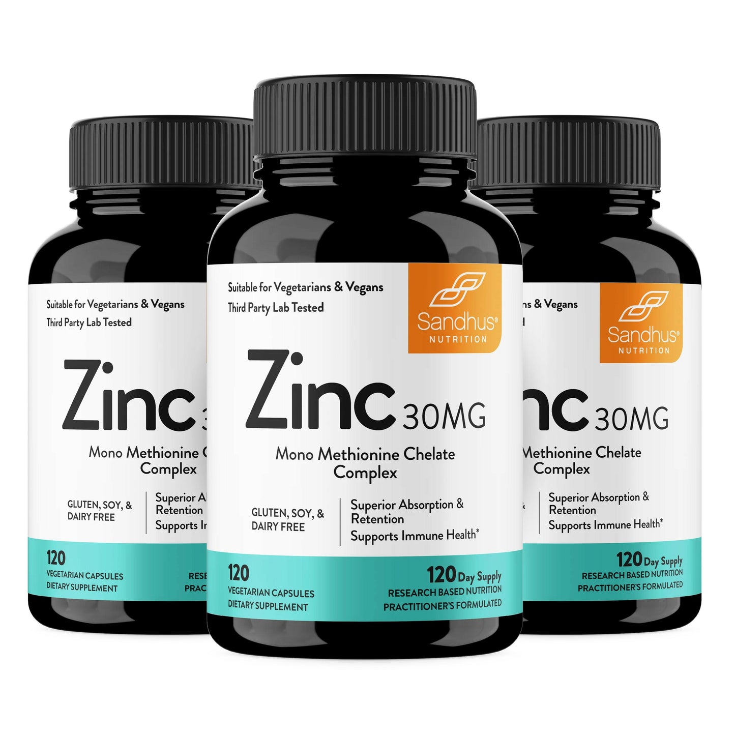 Three bottles of Zinc 30MG supplement with Sandhu Nutrition label on a white background