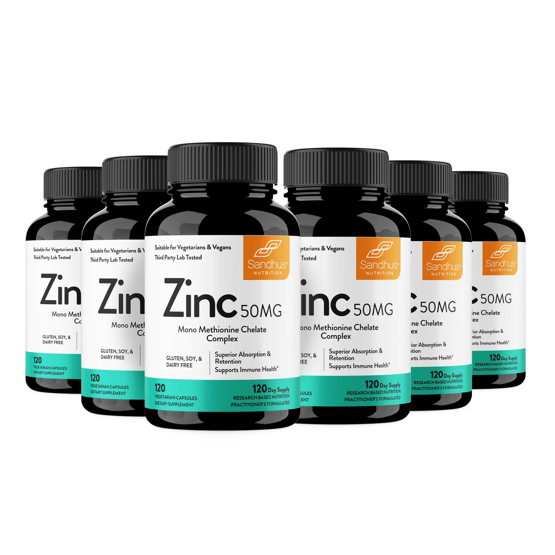Multiple bottles of Zinc supplements with labels on a white background