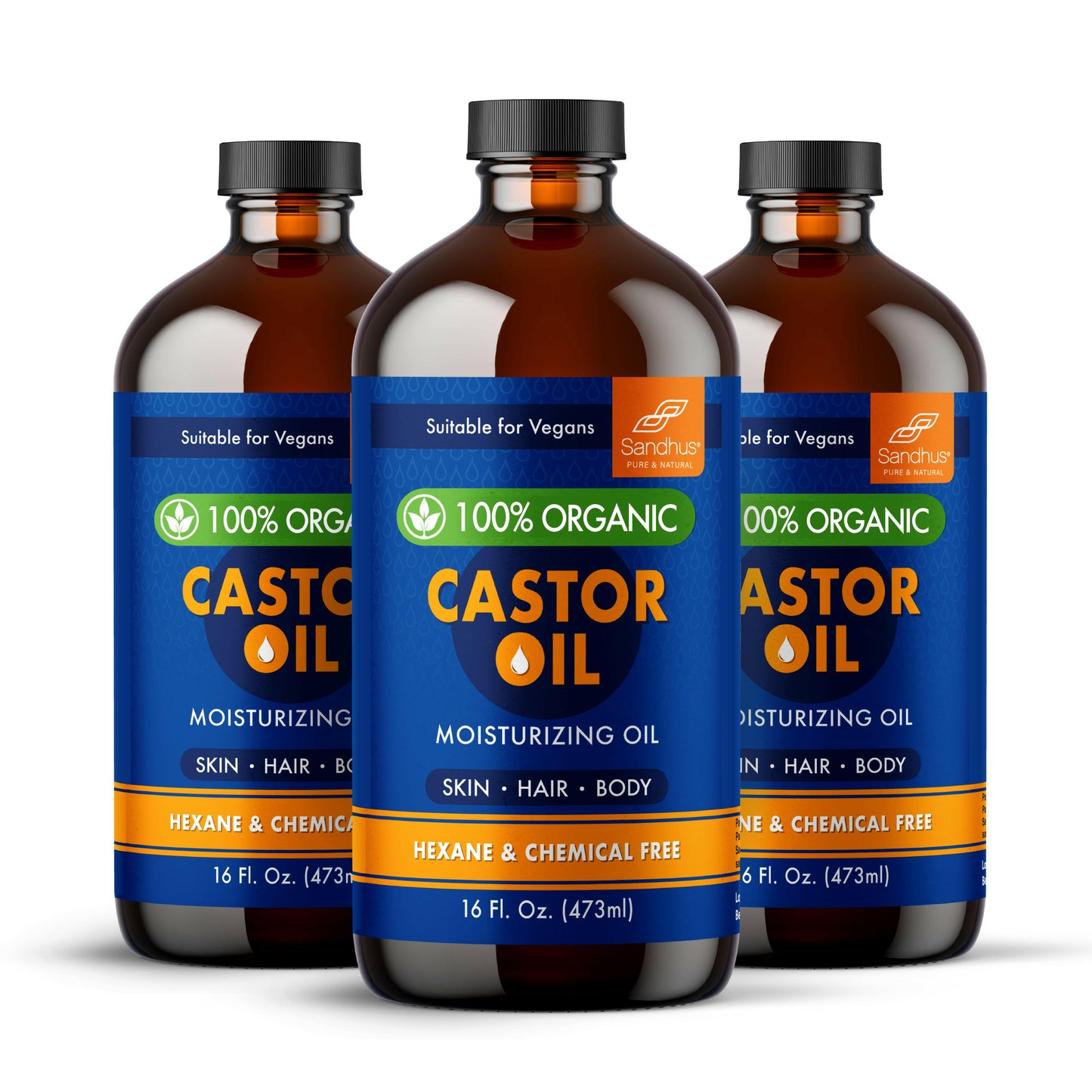 Three bottles of organic castor oil with blue labels on a white background