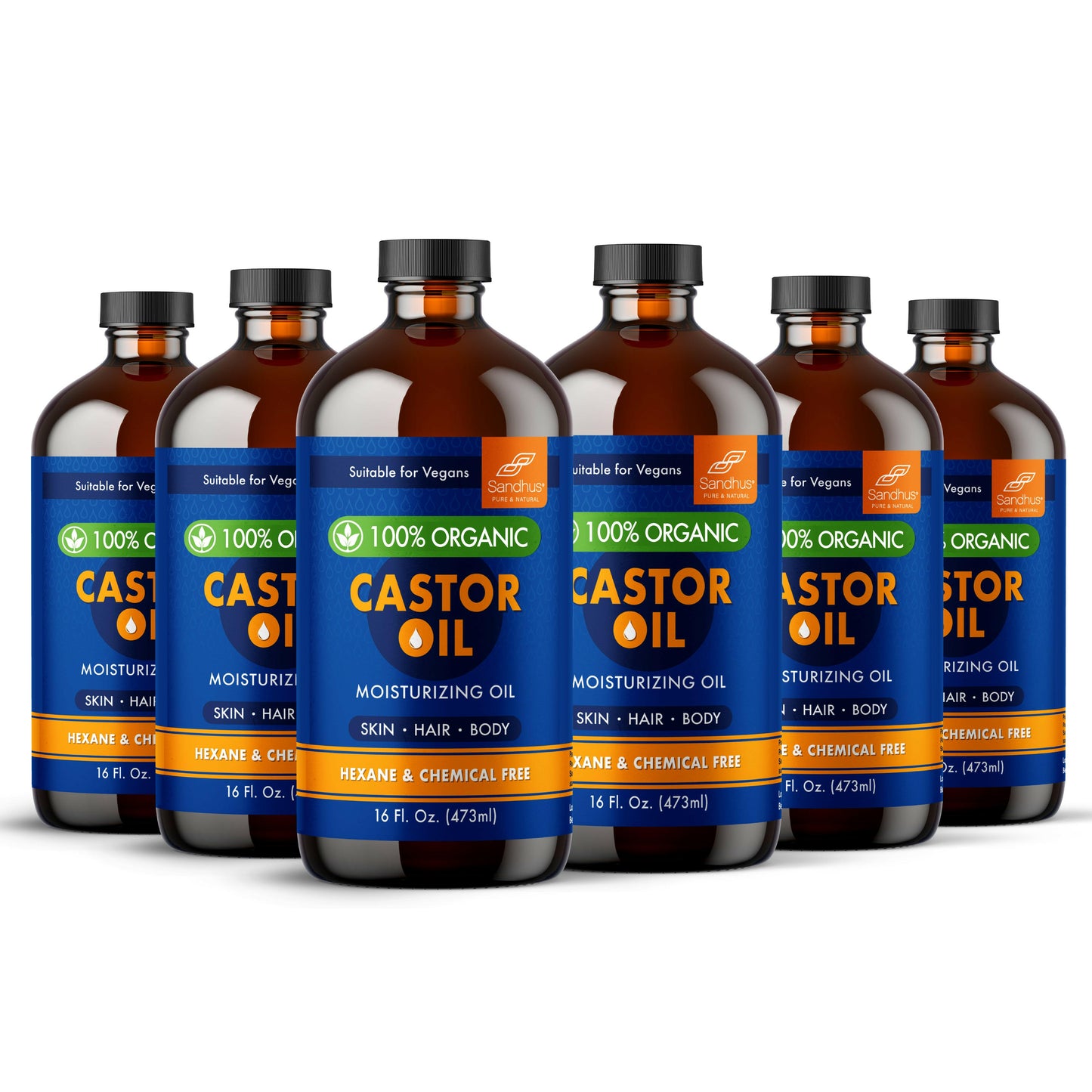Multiple bottles of Castor Oil with blue labels on a white background