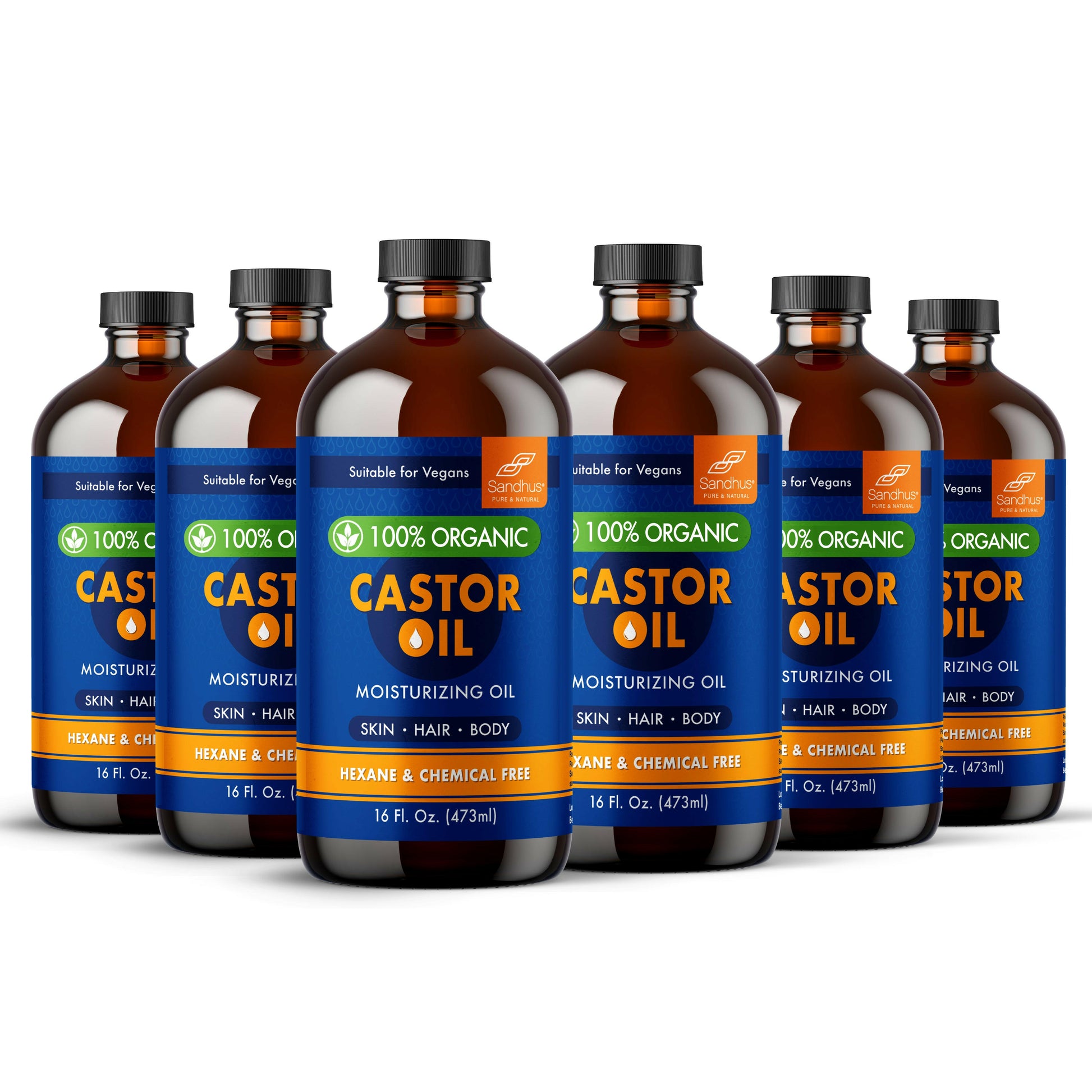 Multiple bottles of Castor Oil with blue labels on a white background