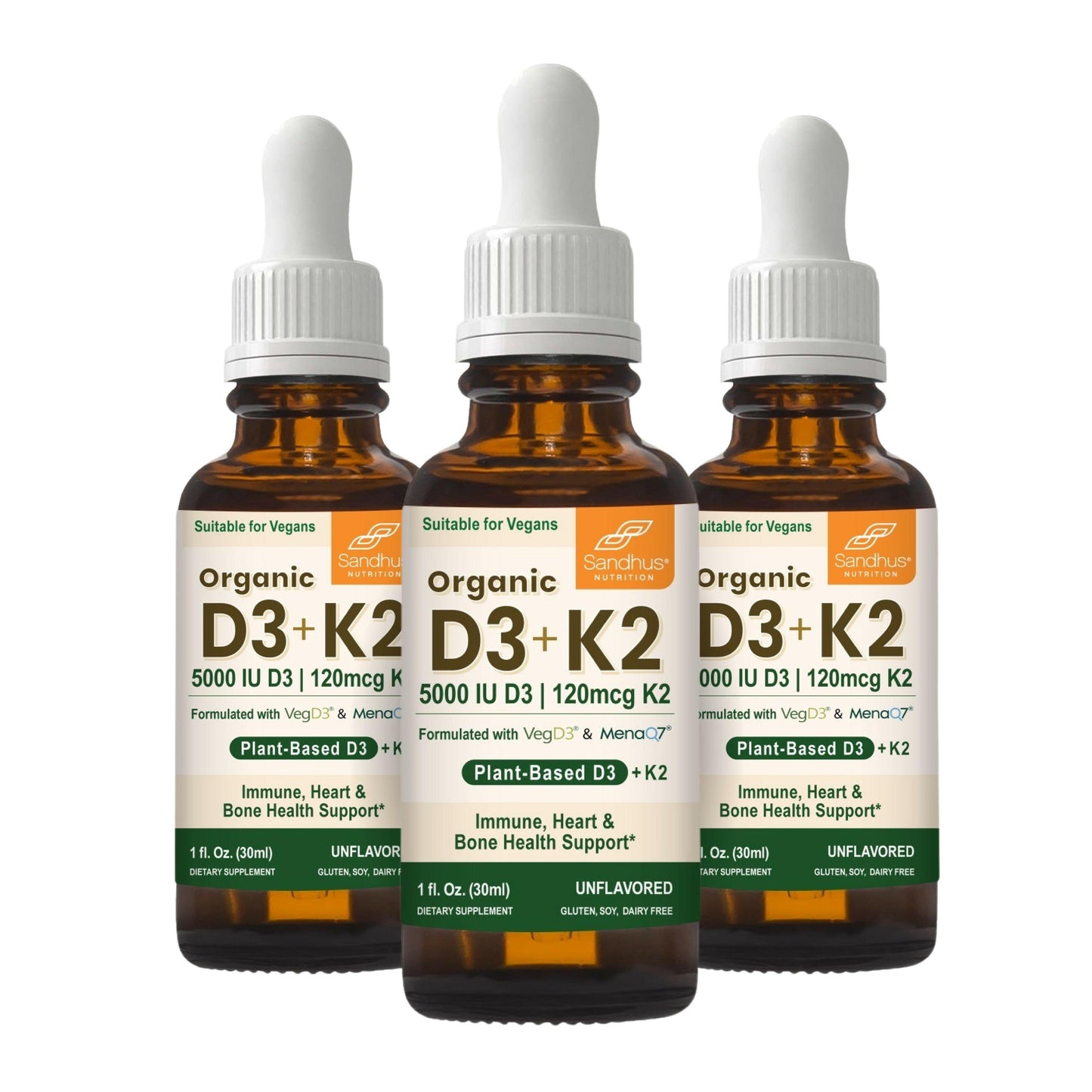 Three bottles of Organic D3 + K2 supplement with droppers on a white background