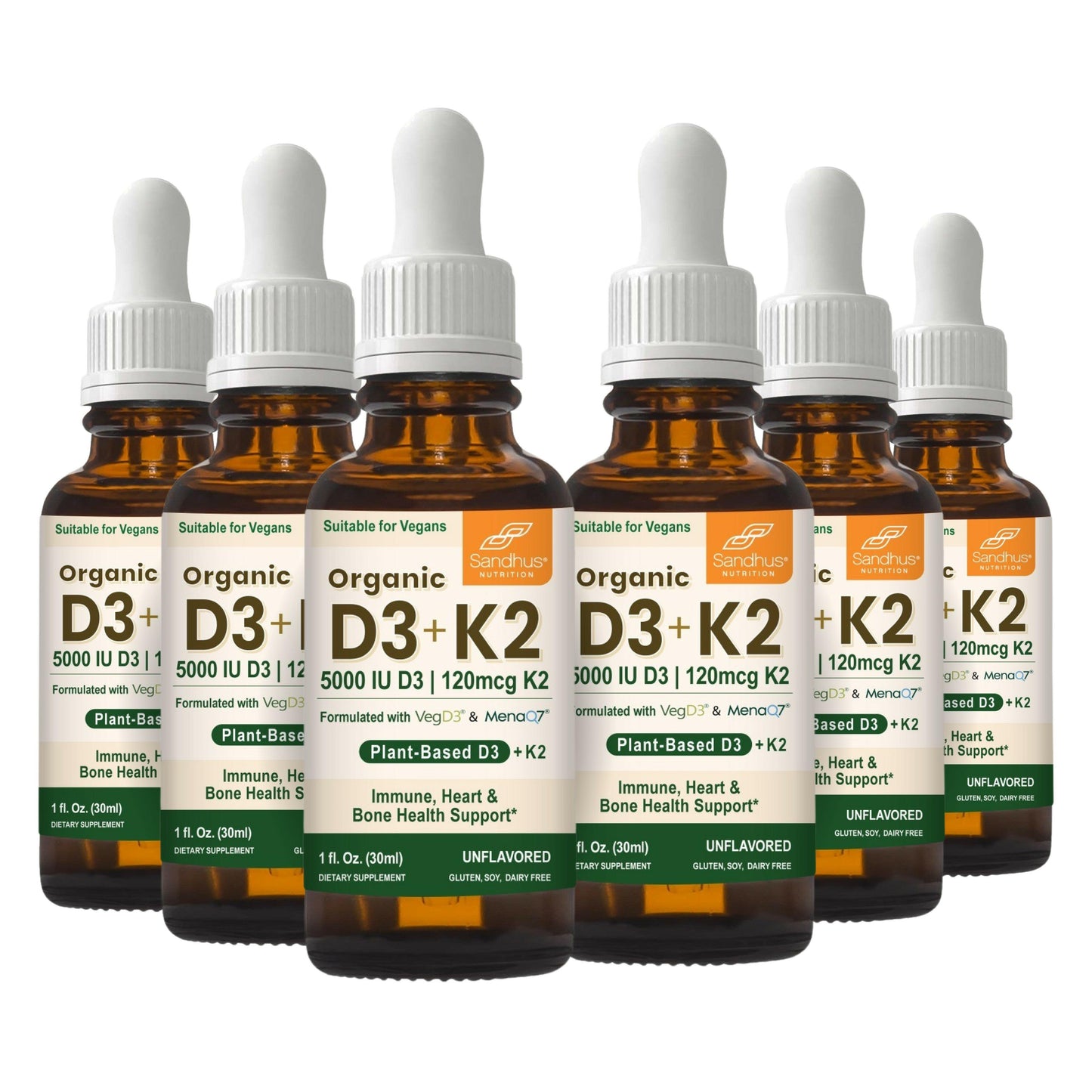 Set of organic vitamin D3 and K2 dropper bottles on a white background